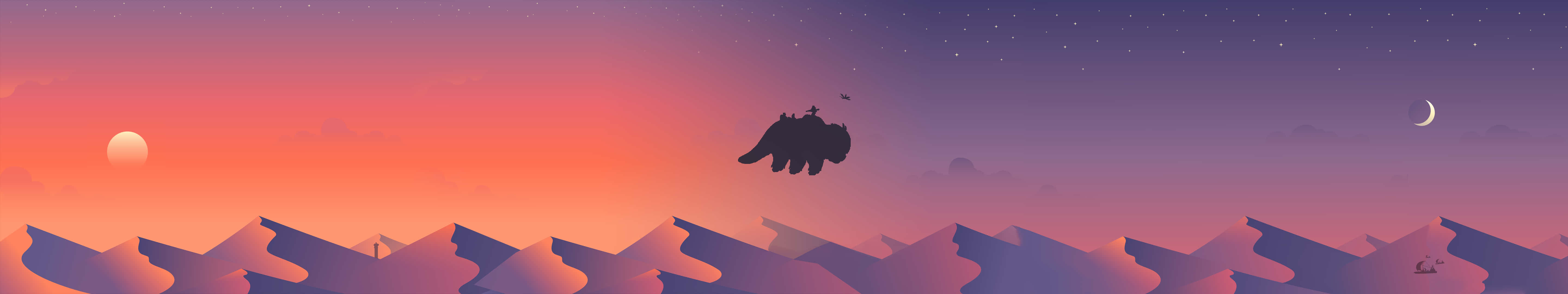 Minimalist Dual Monitor, dragon silhouette, jagged mountain peaks, 5K Desktop Wallpaper