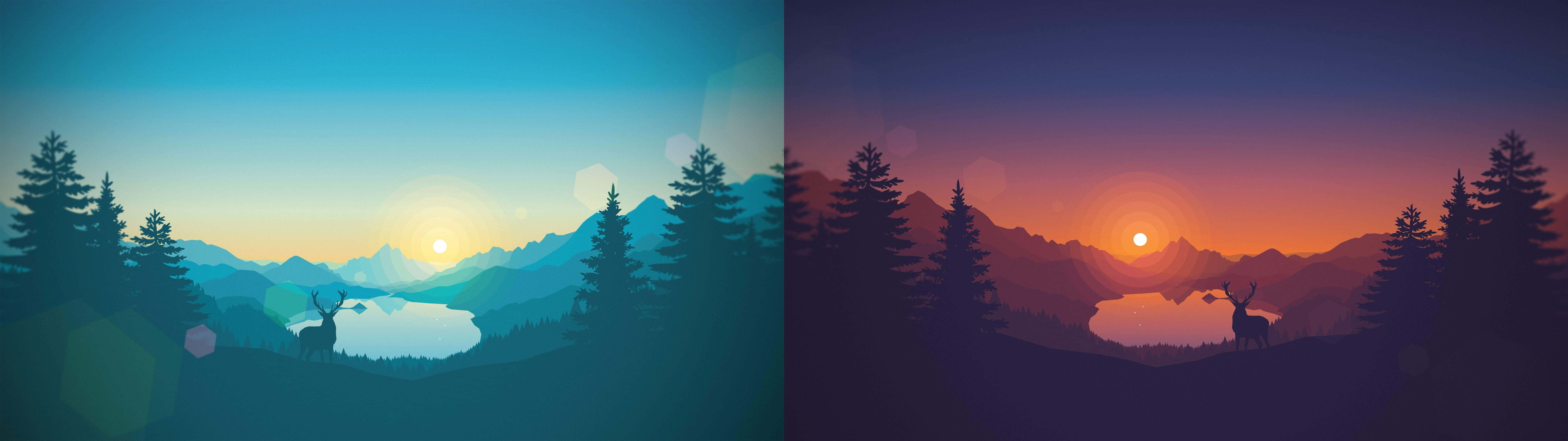 minimalist dual monitor setup, mountain lake, sunrise, 8K Desktop Wallpaper