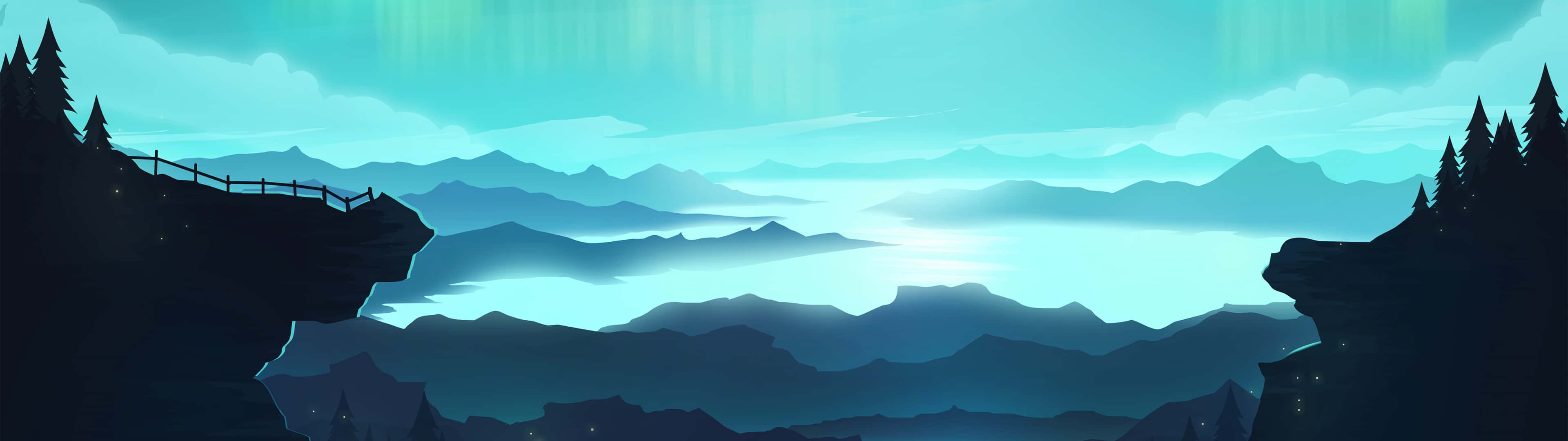 Minimalist Dual Monitor Setup, aurora borealis, layered mountain ranges, 4K Desktop Wallpaper