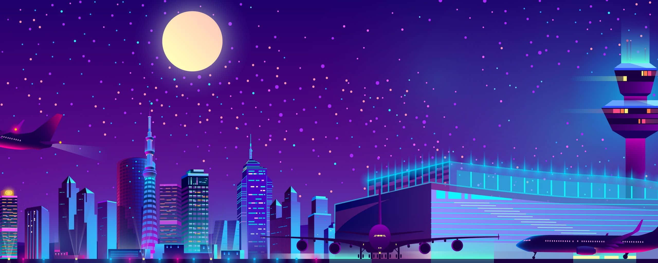 neon-lit cityscape, glowing skyscrapers, airplanes, 2K Desktop Wallpaper