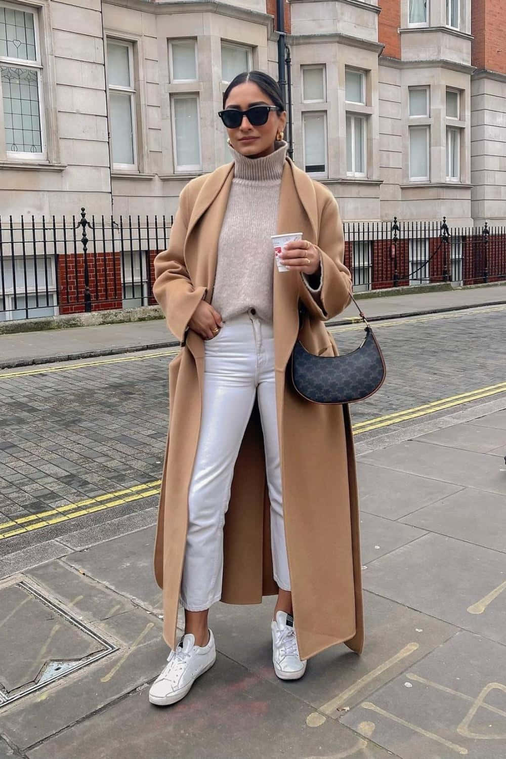 camel coat, white jeans, city sidewalk, HD Phone Wallpaper
