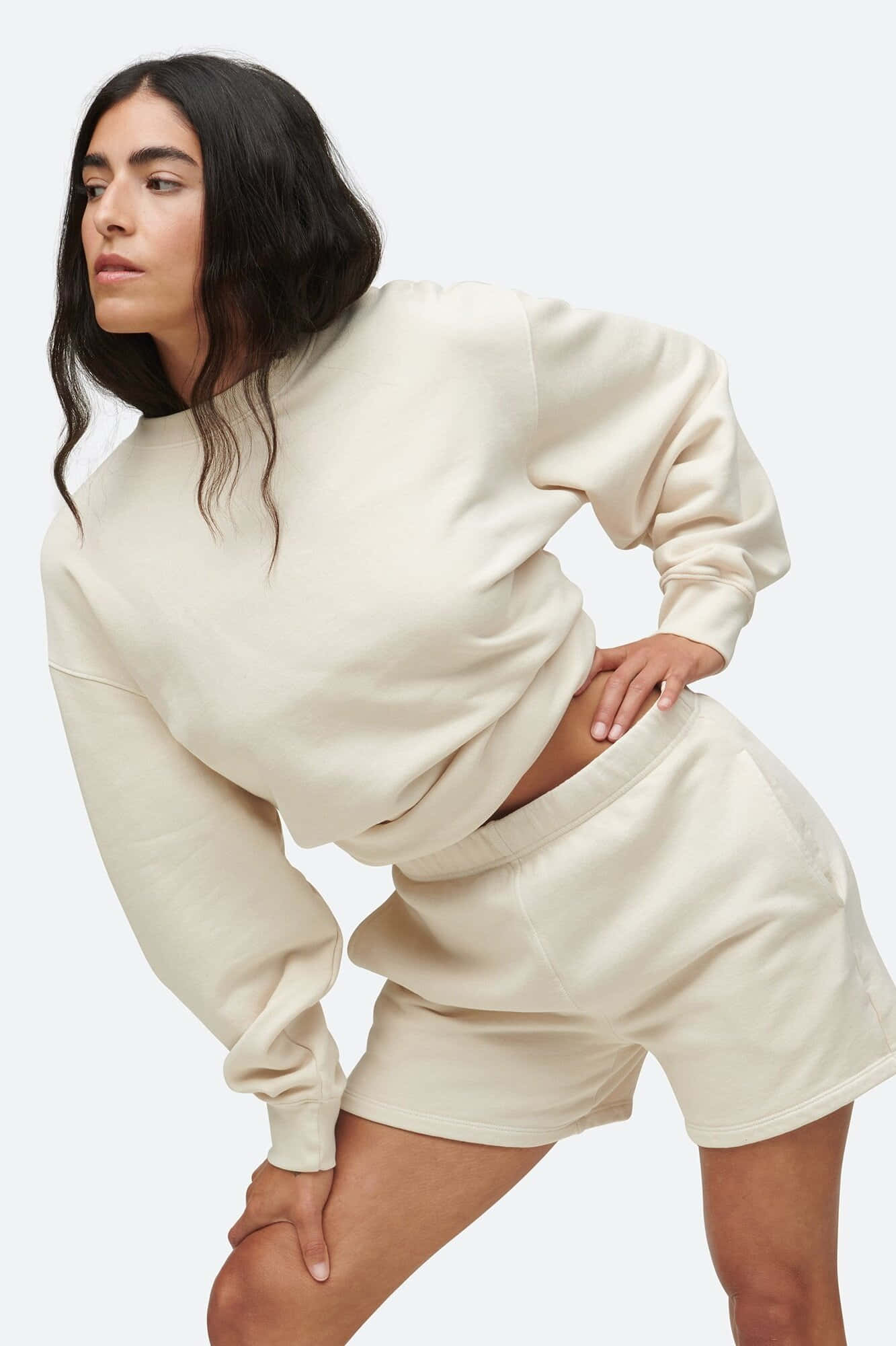 cream loungewear set, plain light background, woman, Full HD Phone Wallpaper