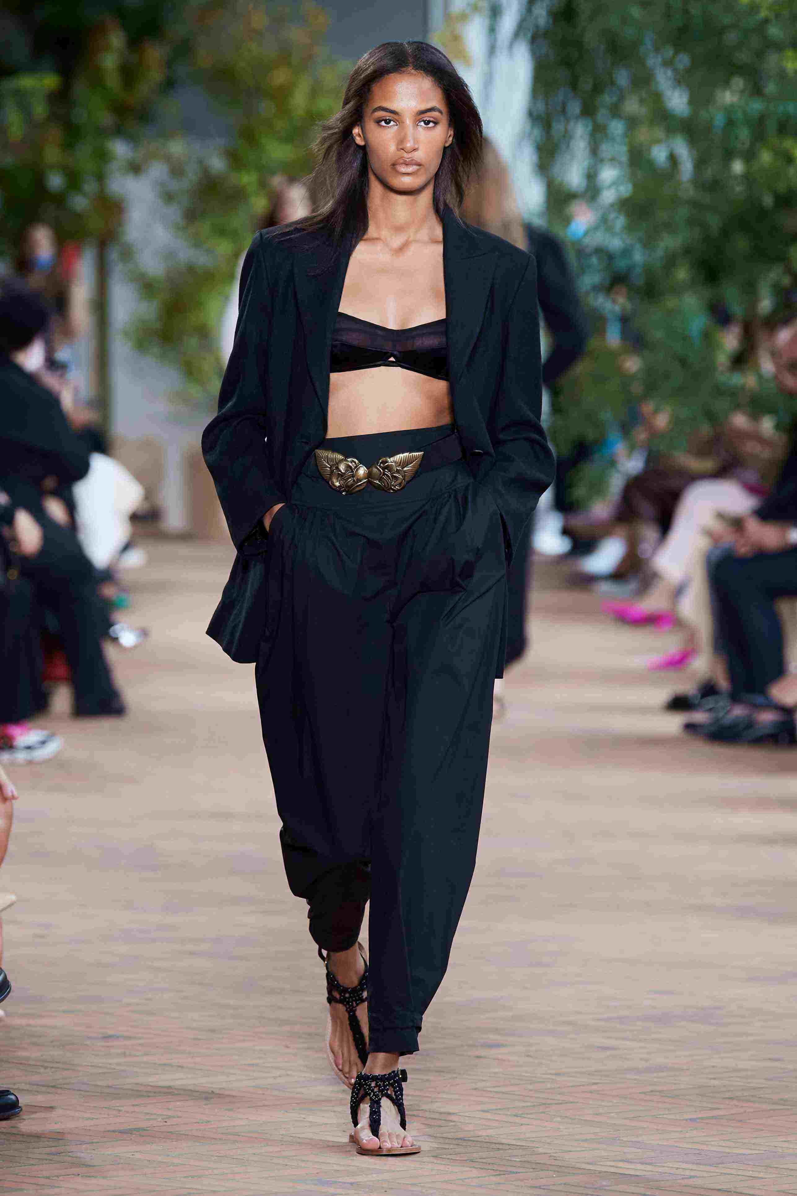 black blazer crop top, wide-leg pants, gold belt, 4K Phone Wallpaper