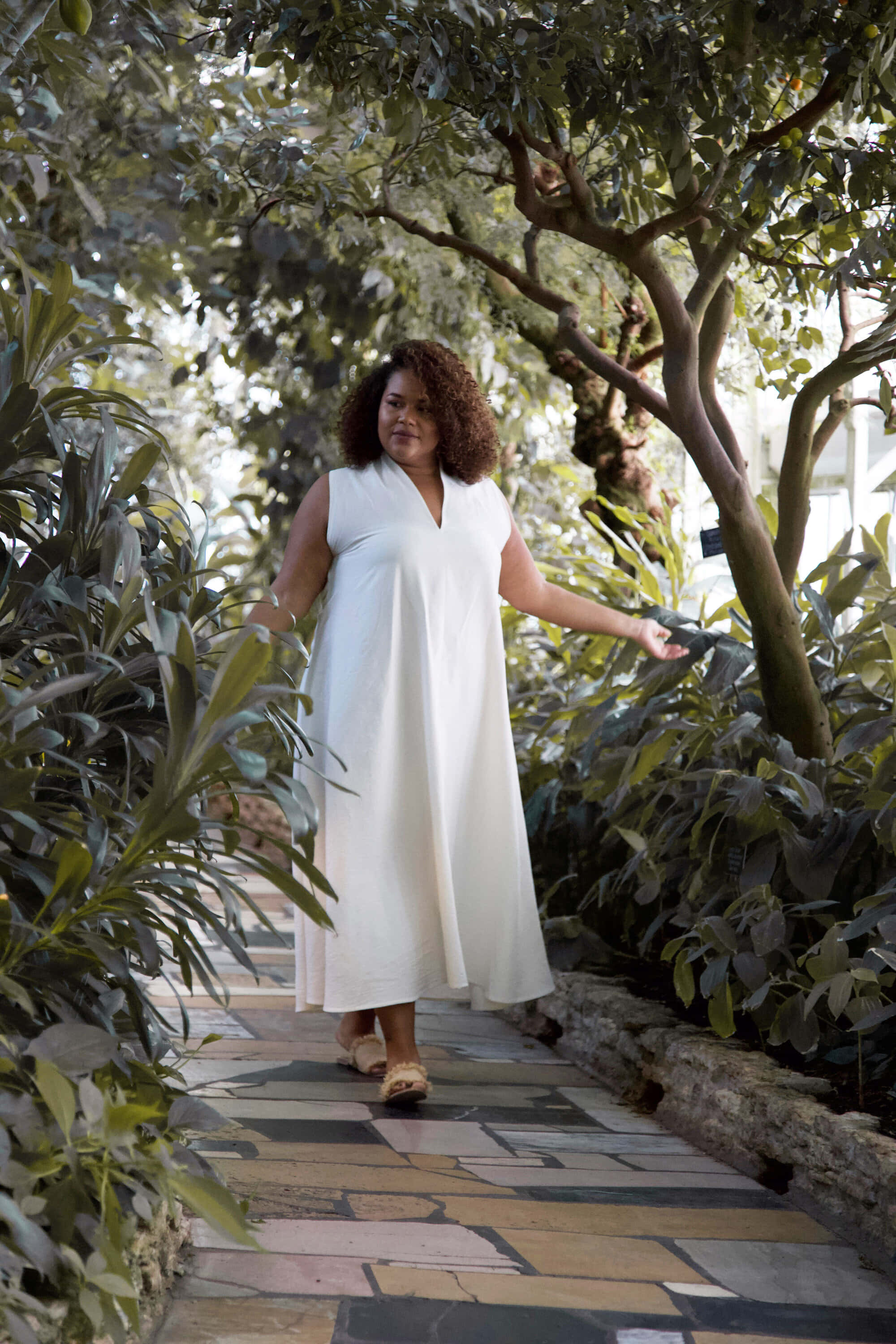 minimalist fashion, white dress, stone path, 2K Phone Wallpaper