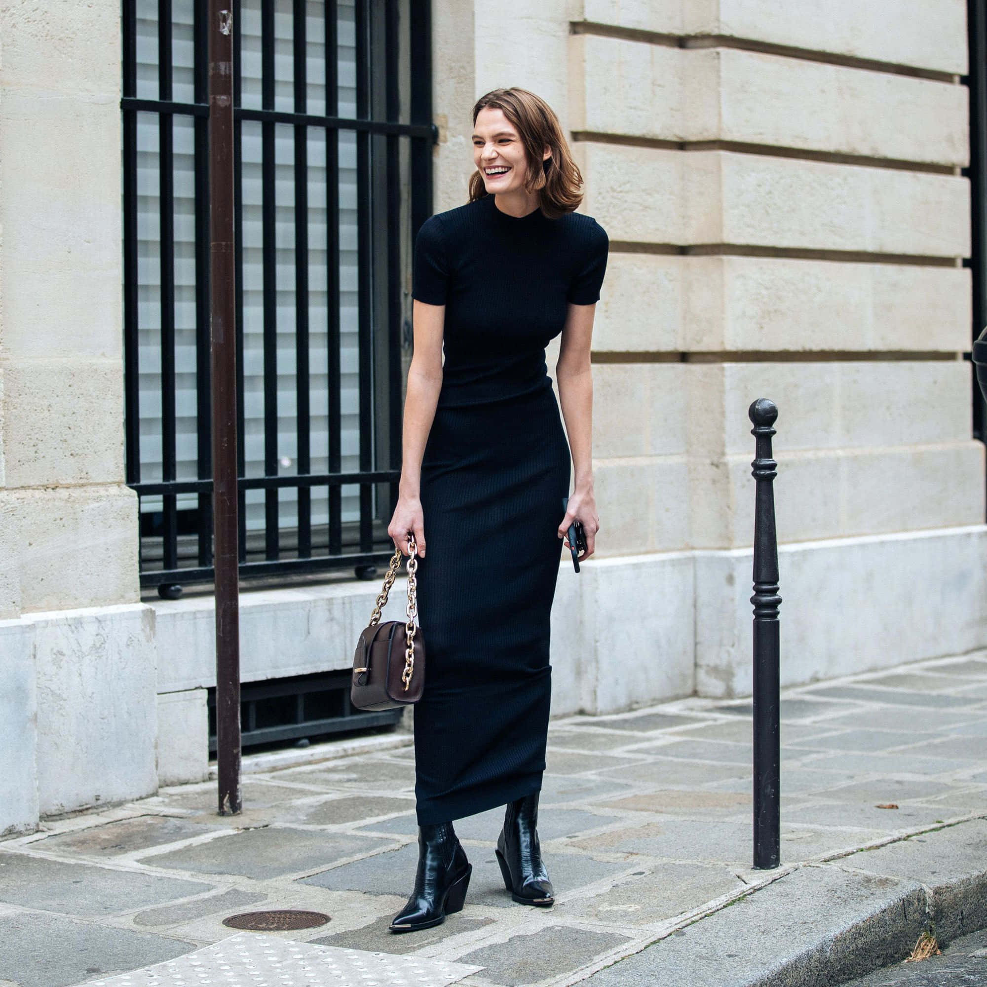 black ribbed dress, boots, stone sidewalk, Full HD Desktop Wallpaper