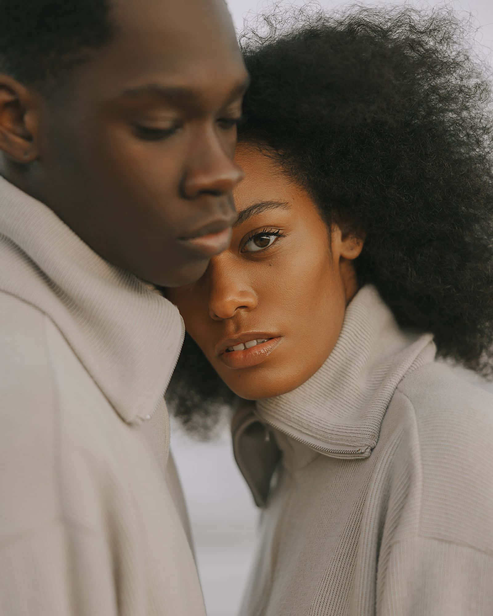 minimalist fashion, Black couple, matching light turtlenecks, Full HD Phone Wallpaper