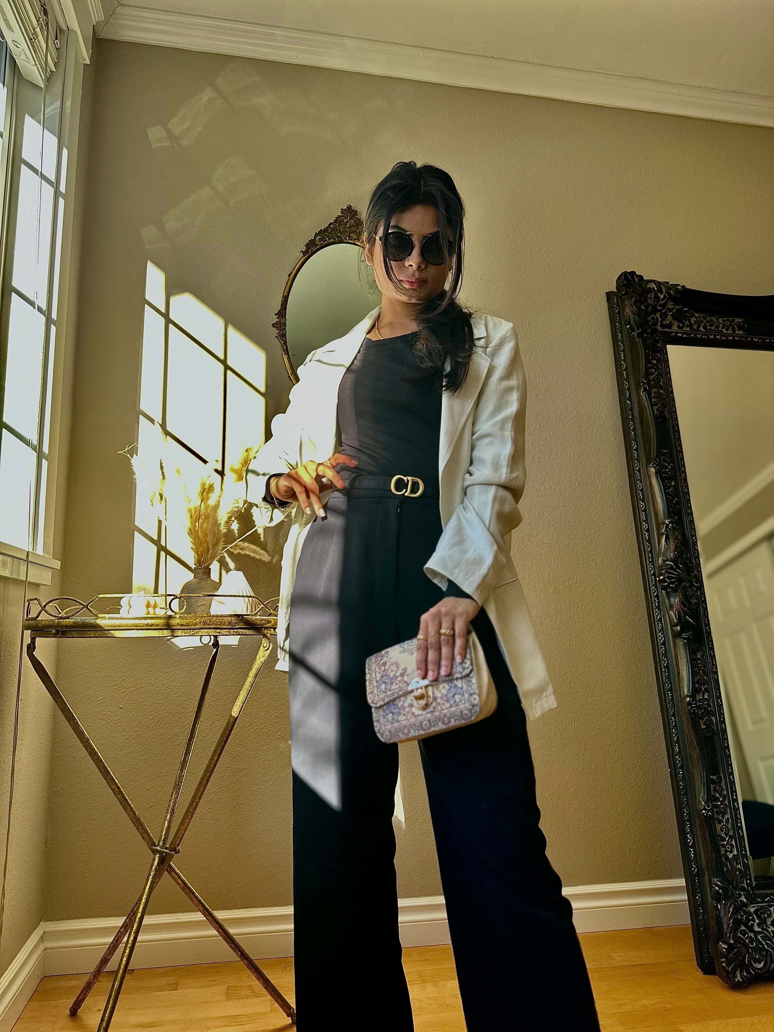 white blazer, black pants, sunlit room, 2K Phone Wallpaper