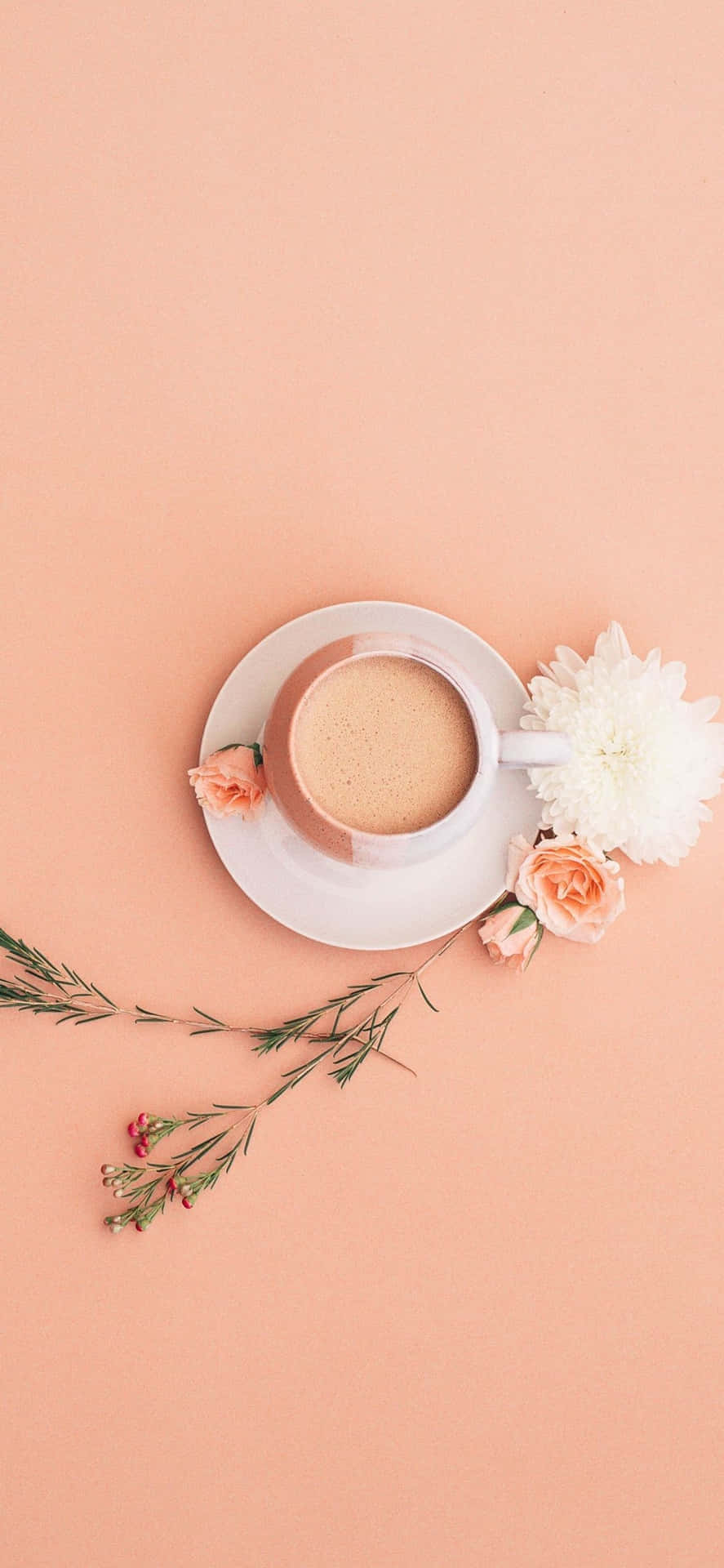 white cup of coffee, saucer, peach roses, Full HD Phone Wallpaper