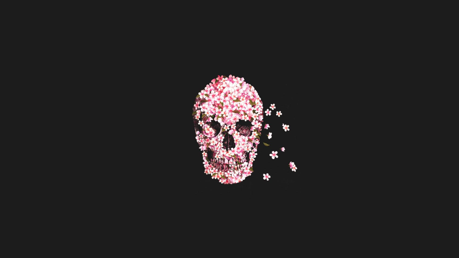 Minimalist Flower Computer, skull, pink cherry blossoms, Full HD Desktop Wallpaper