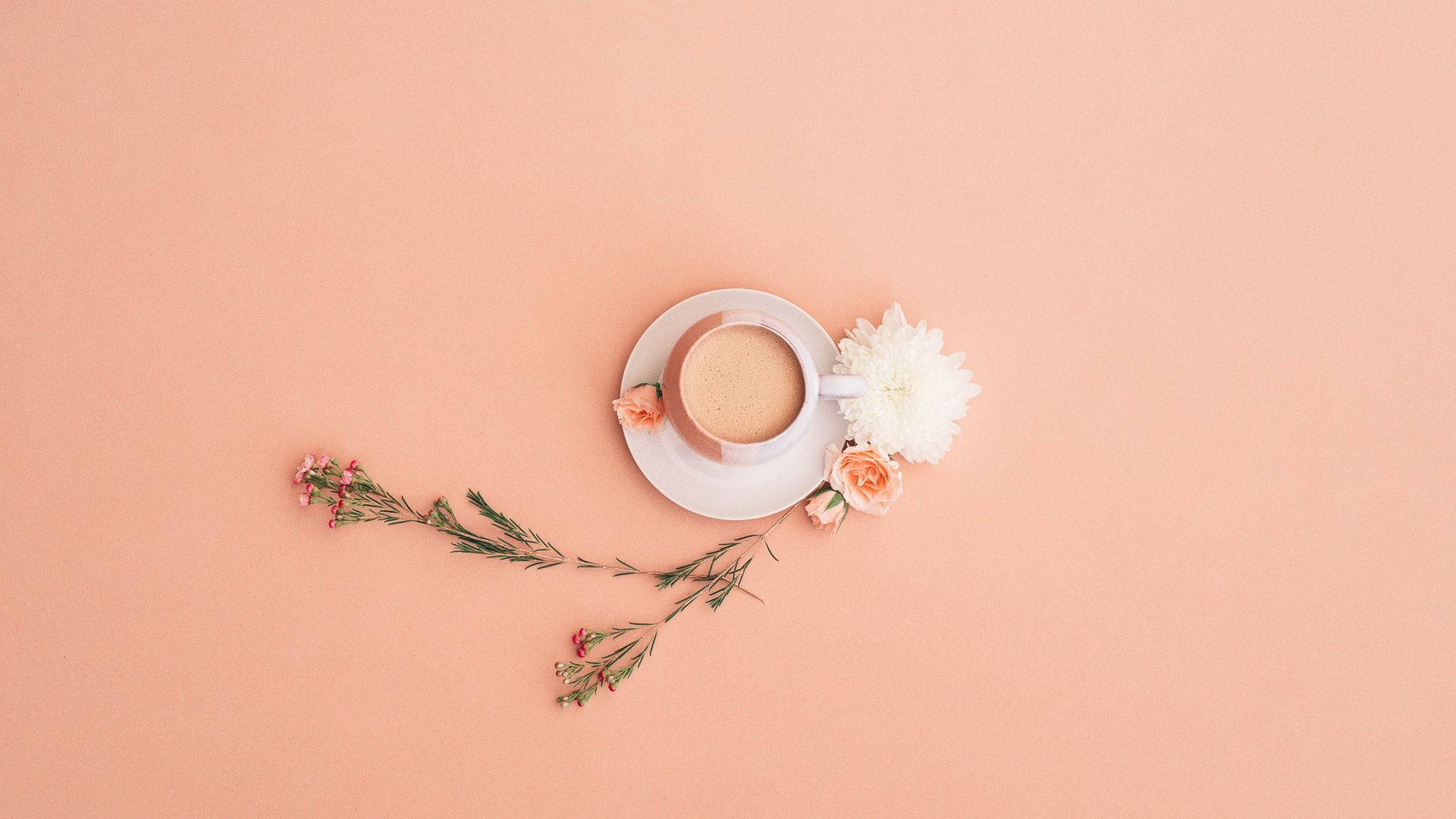 minimalist flower computer, coffee cup, delicate flowers, Full HD Desktop Wallpaper