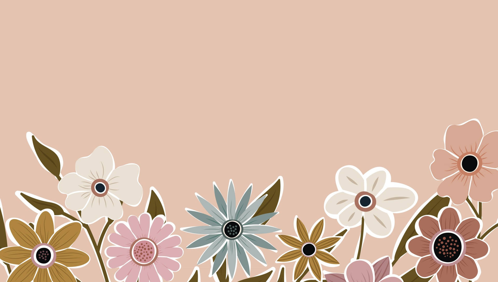 minimalist flower computer, pastel floral border, stylized flowers, Full HD Desktop Wallpaper