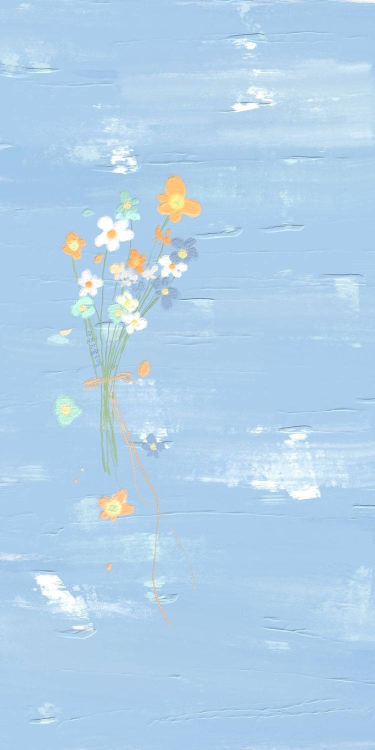 orange white and blue flowers, twine, textured light blue painted background, HD Phone Wallpaper