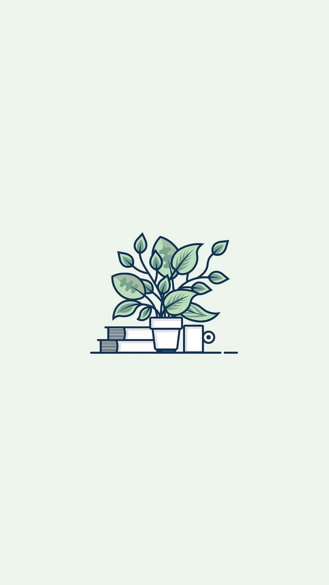minimalist line-art illustration, potted plant with green leaves, stack of books, Full HD Phone Wallpaper