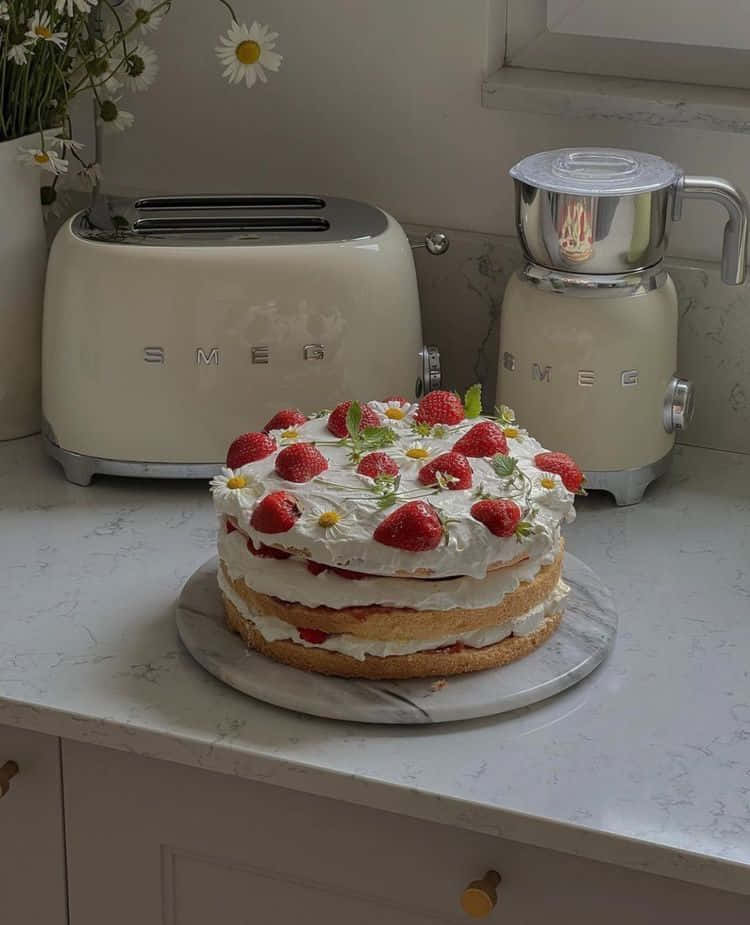 strawberry cake, cream, daisies, SD Phone Wallpaper