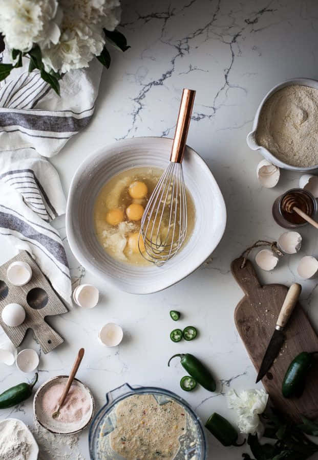 white bowl, cracked eggs, copper whisk, SD Phone Wallpaper