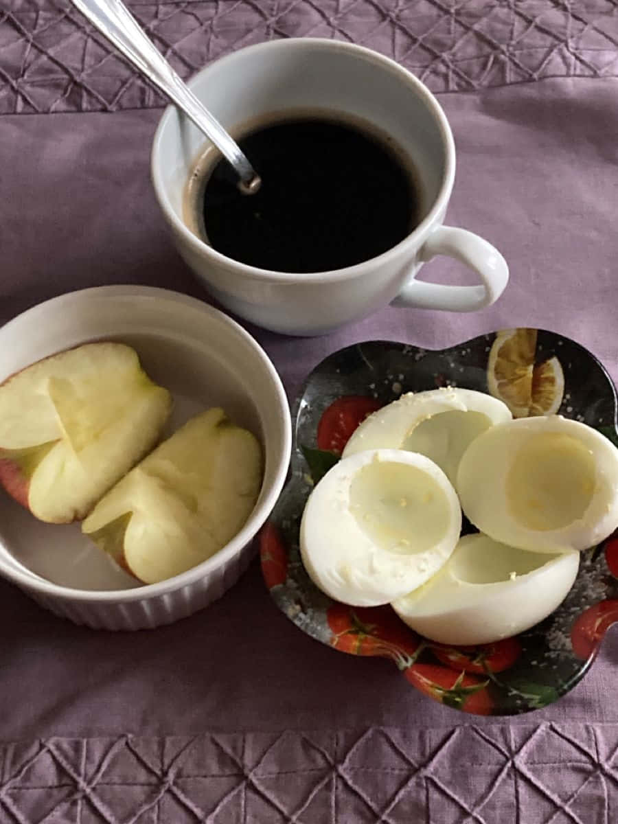 minimalist food, purple quilted tablecloth, coffee, SD Phone Wallpaper