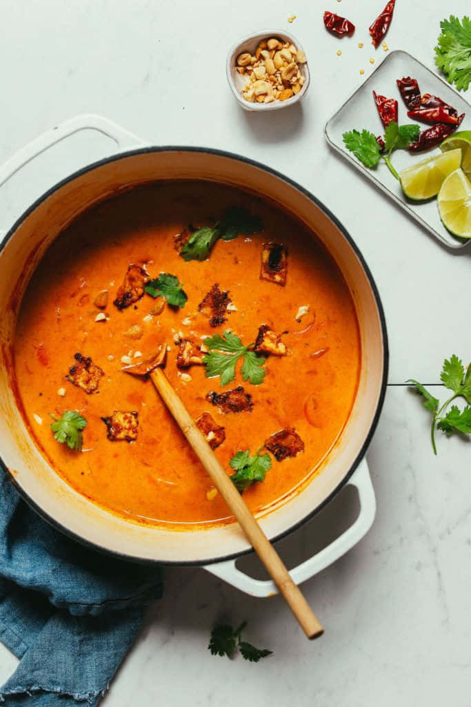 orange curry, white enamel pot, cilantro, SD Phone Wallpaper