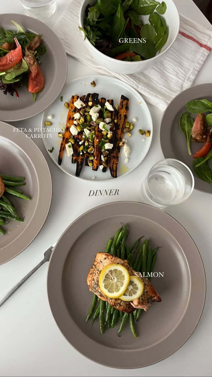 minimalist food, salmon, green beans, SD Phone Wallpaper