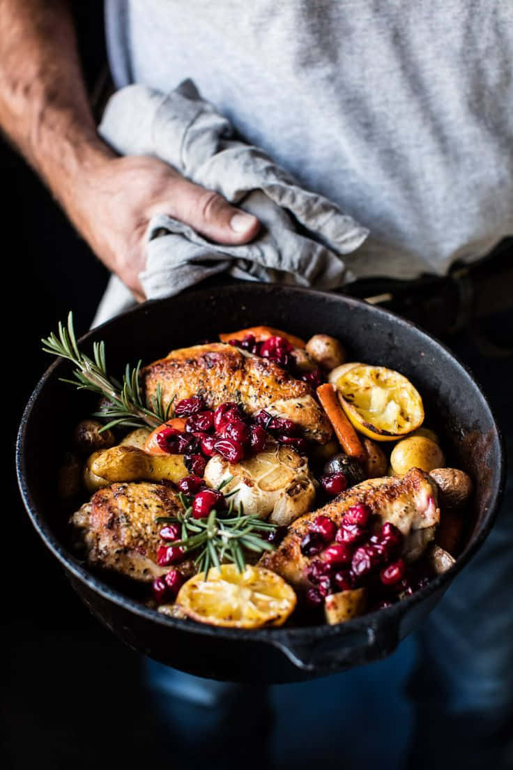 cast iron skillet, roasted chicken, cranberries, SD Phone Wallpaper