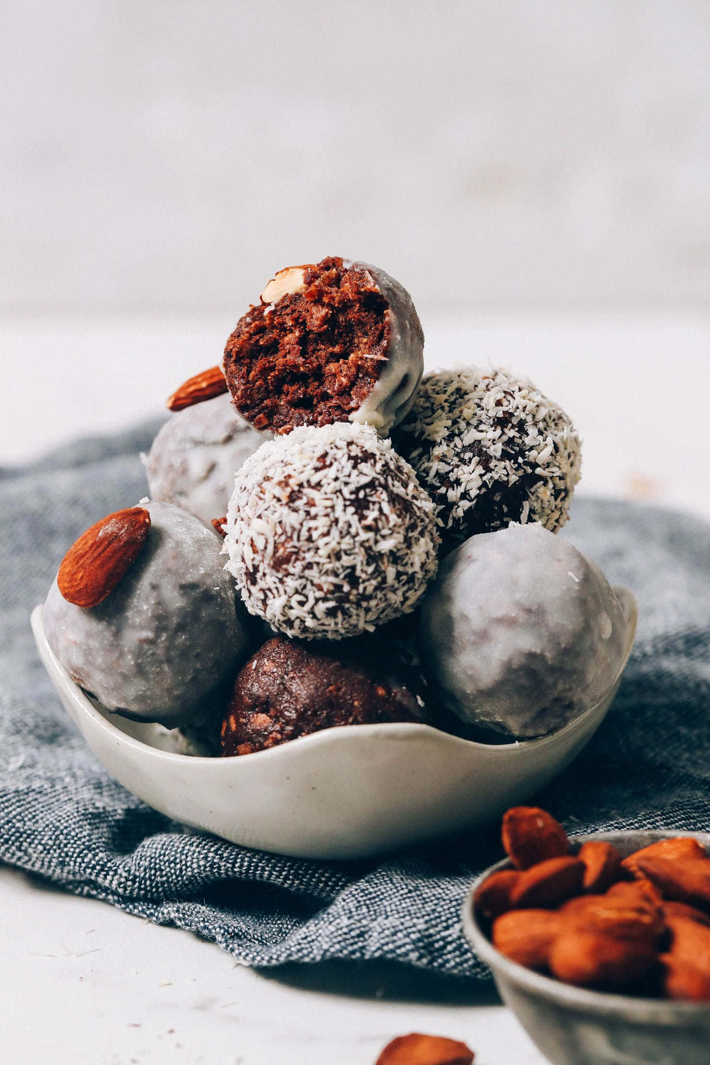 white bowl, chocolate truffles, coconut, Full HD Phone Wallpaper