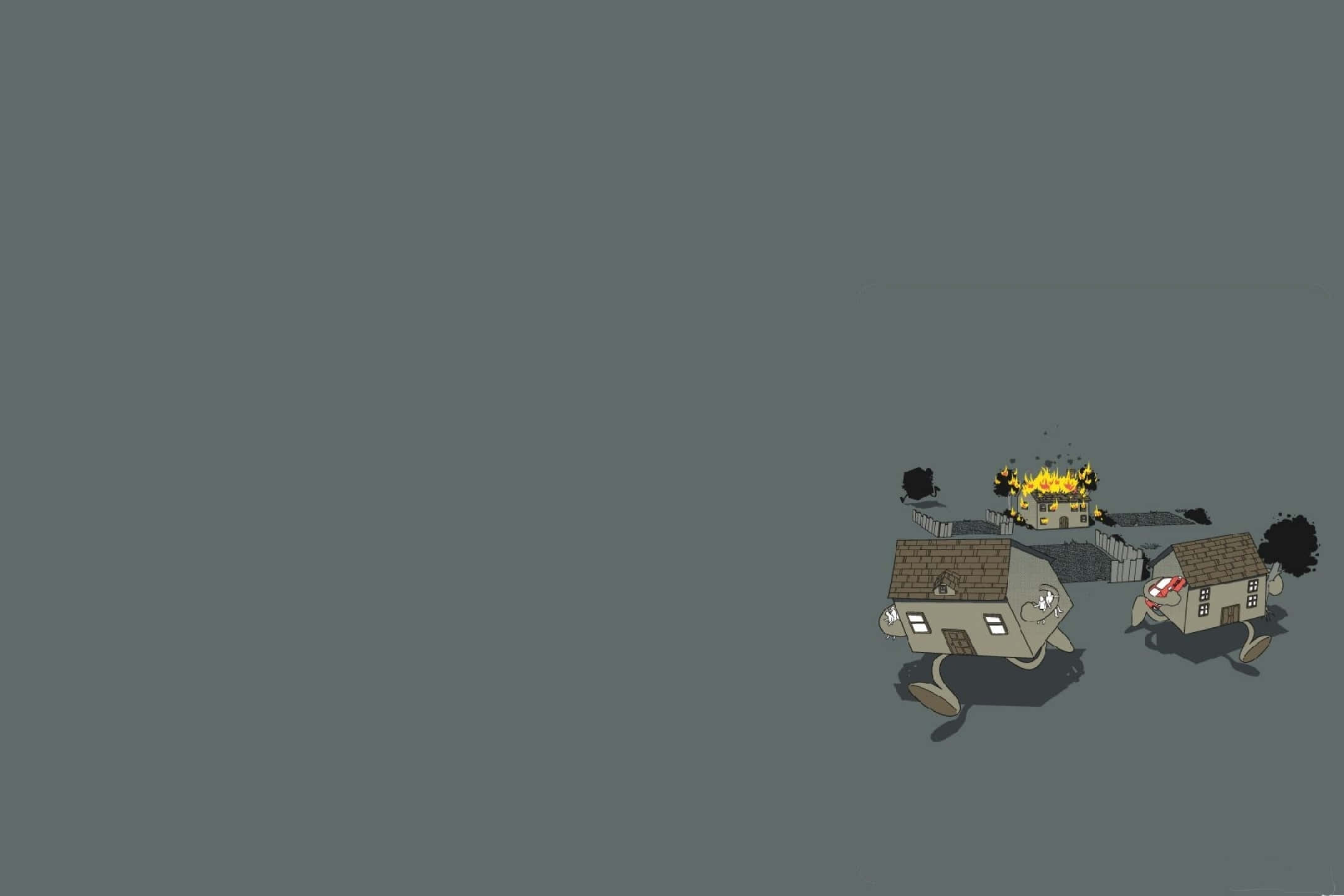 cartoon houses with legs, burning house, minimalist gray landscape, Full HD Desktop Wallpaper
