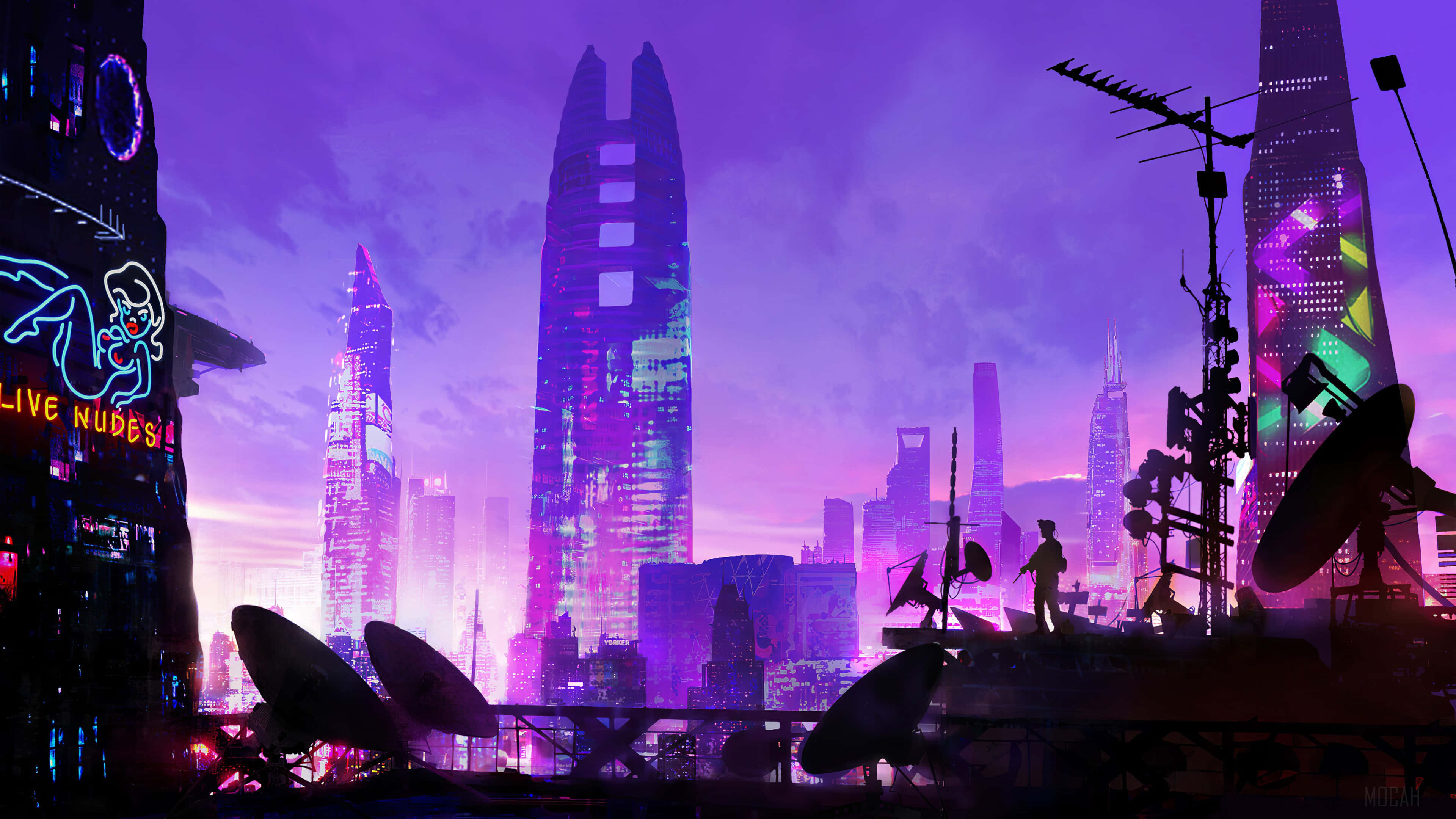 futuristic cityscape, twilight, towering skyscrapers, 4K Desktop Wallpaper