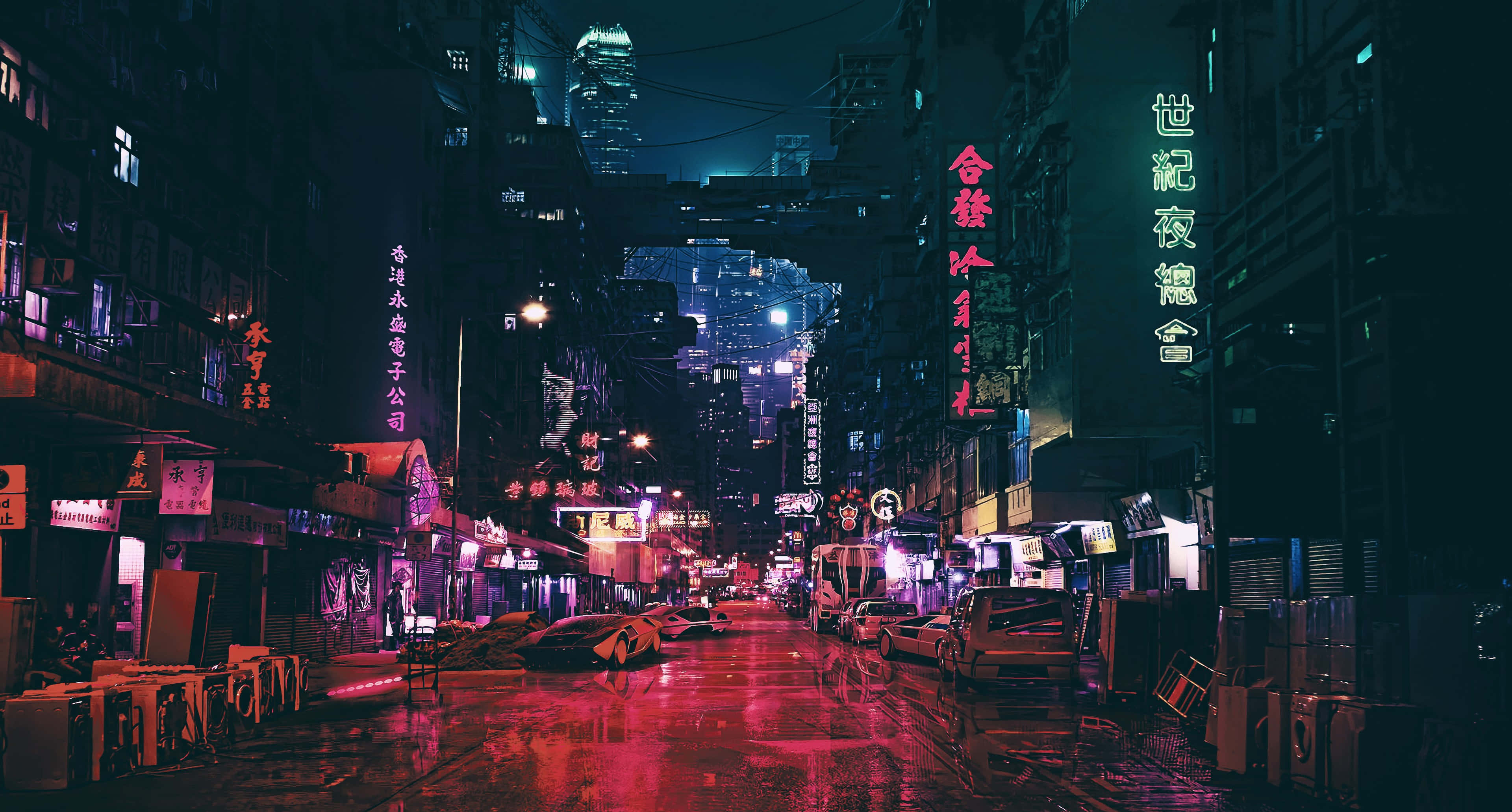 neon-drenched, rain-soaked urban alley, night, 4K Desktop Wallpaper