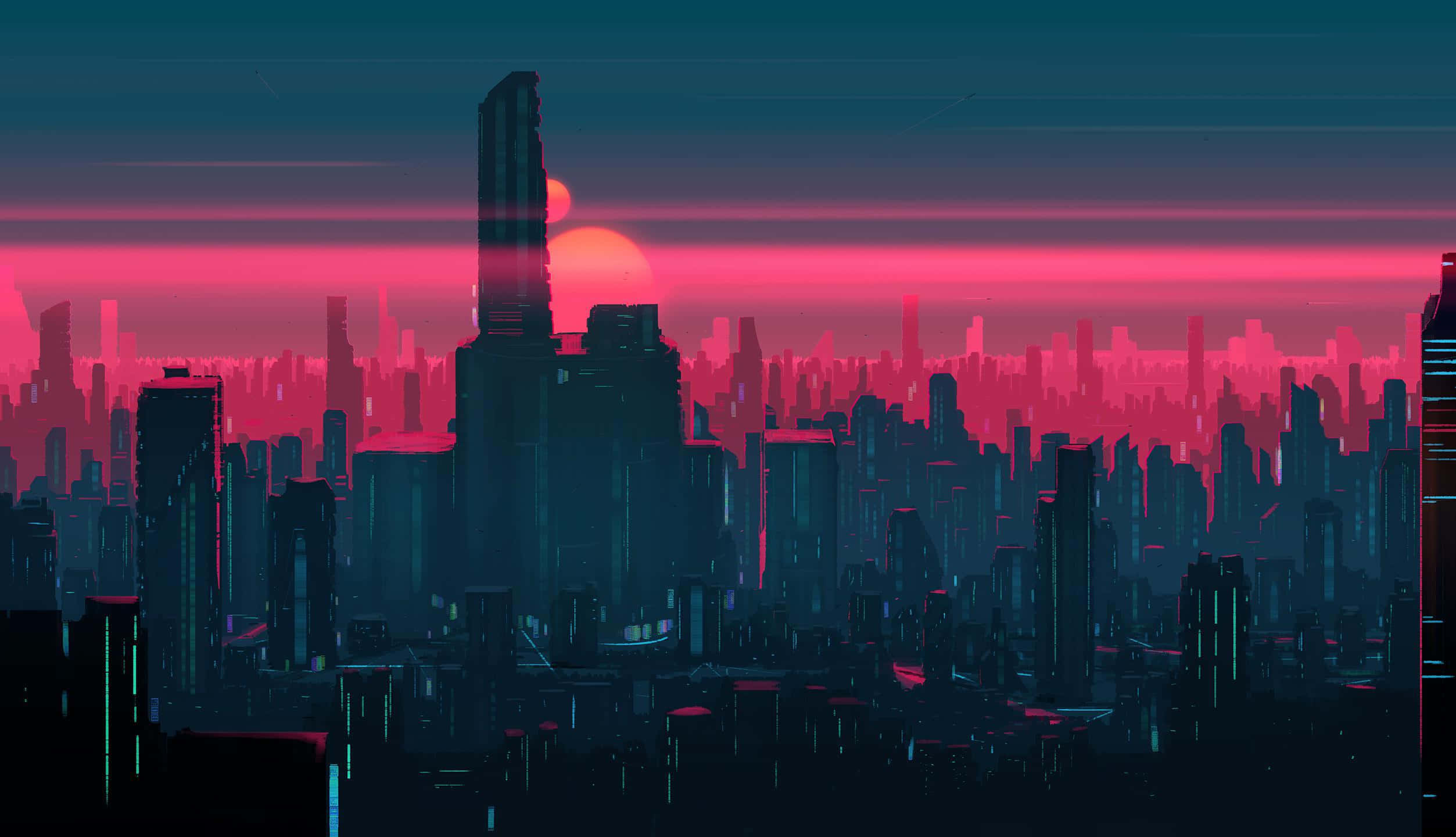neon-drenched cyberpunk cityscape, sunset, towering skyscrapers, Full HD Desktop Wallpaper