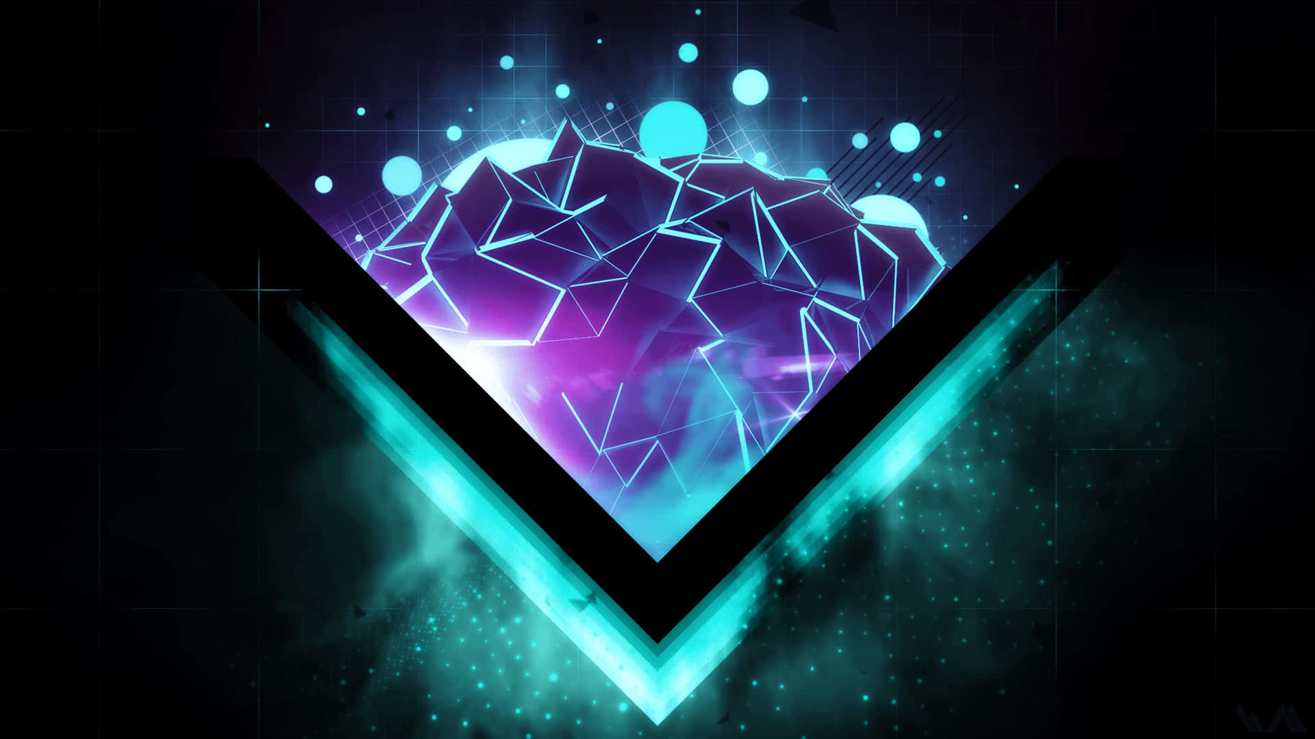 neon V-shape, glowing geometric mountain peak, floating orbs, Full HD Desktop Wallpaper