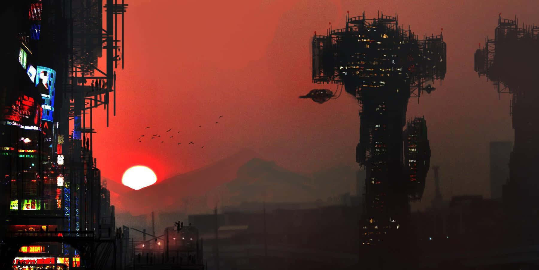 futuristic cityscape, sunset, neon-lit skyscrapers, HD Desktop Wallpaper