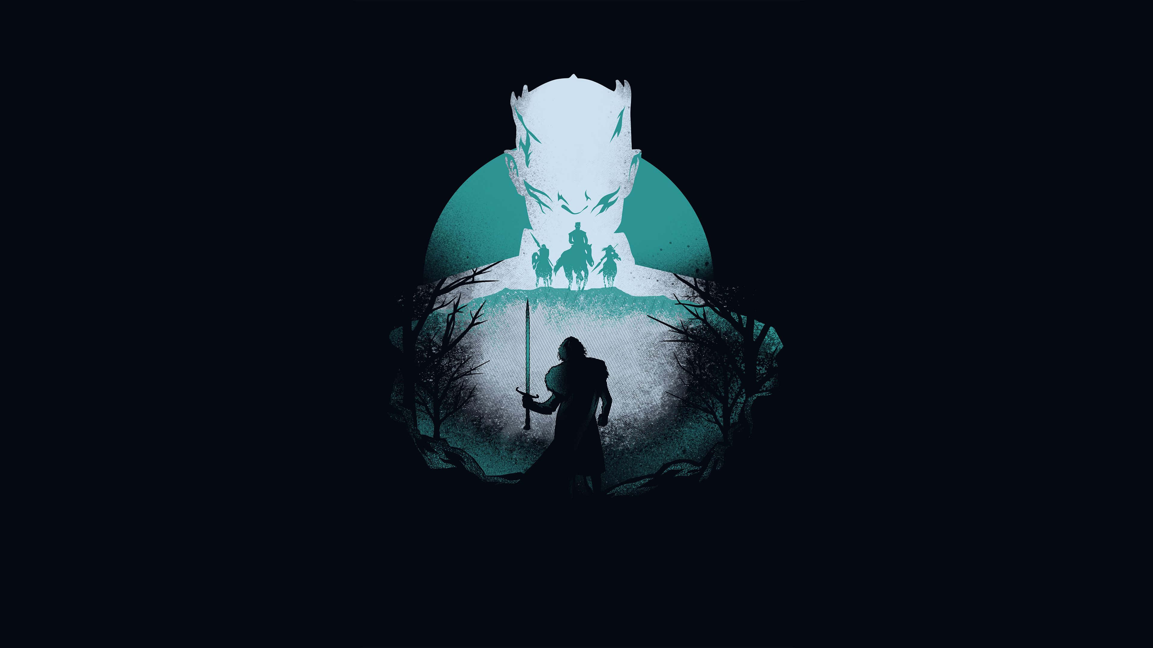 minimalist gaming, glowing teal moon, monstrous figure, 4K Desktop Wallpaper