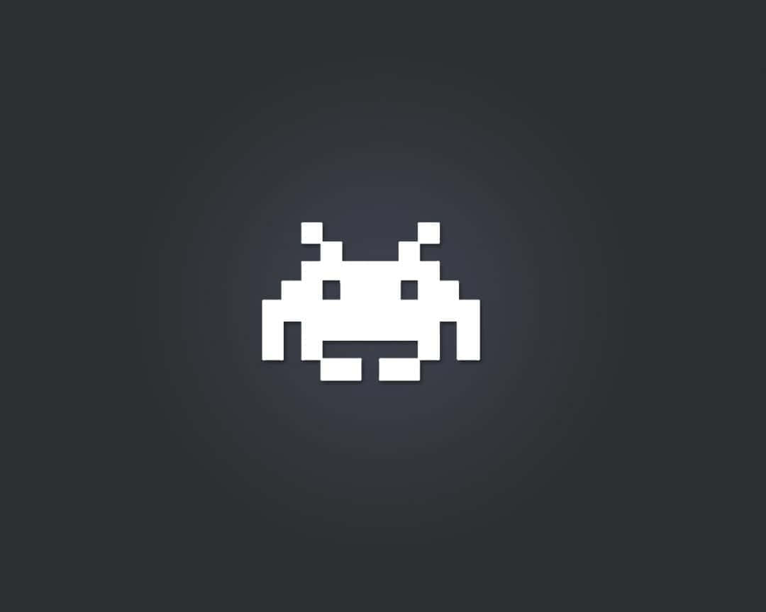 Minimalist Geek, white pixelated alien spaceship, dark gray gradient background, SD Desktop Wallpaper