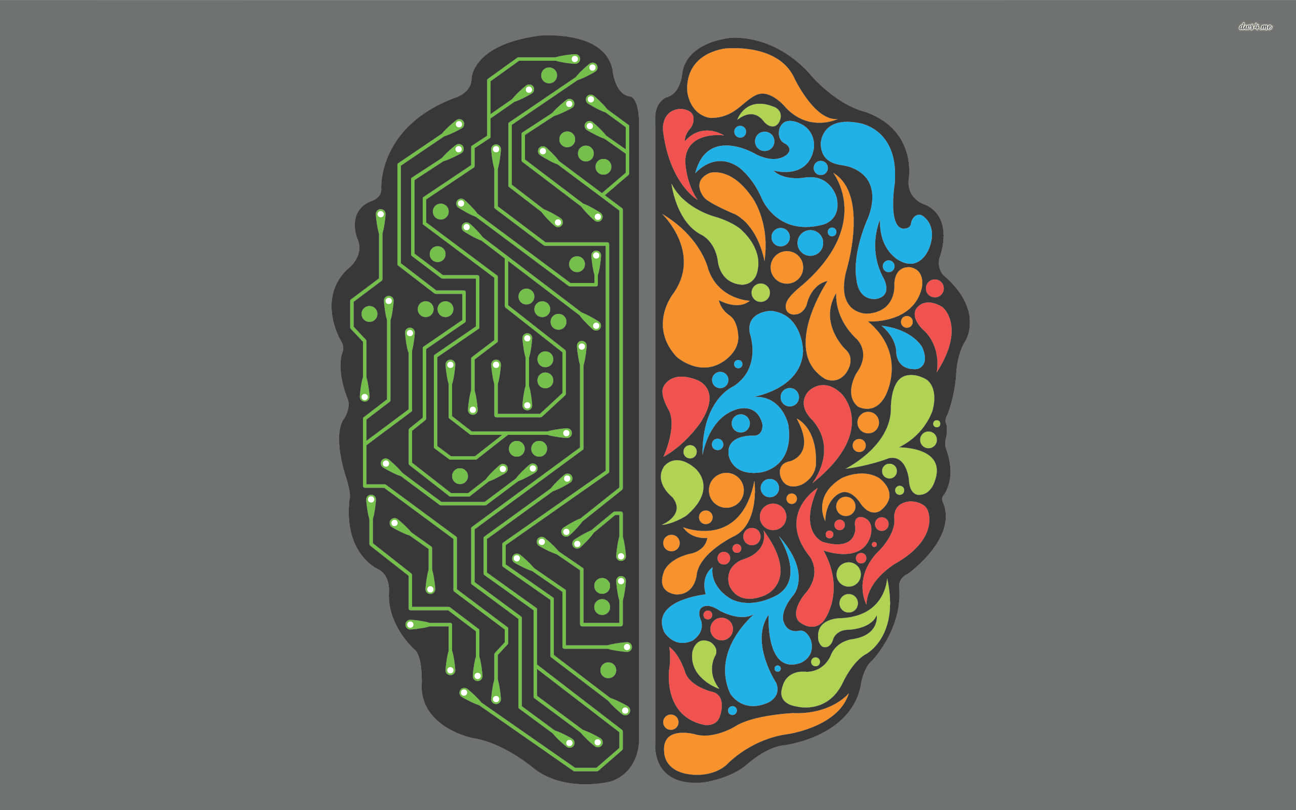 Minimalist Geek, green circuit board, colorful abstract swirls, 2K Desktop Wallpaper