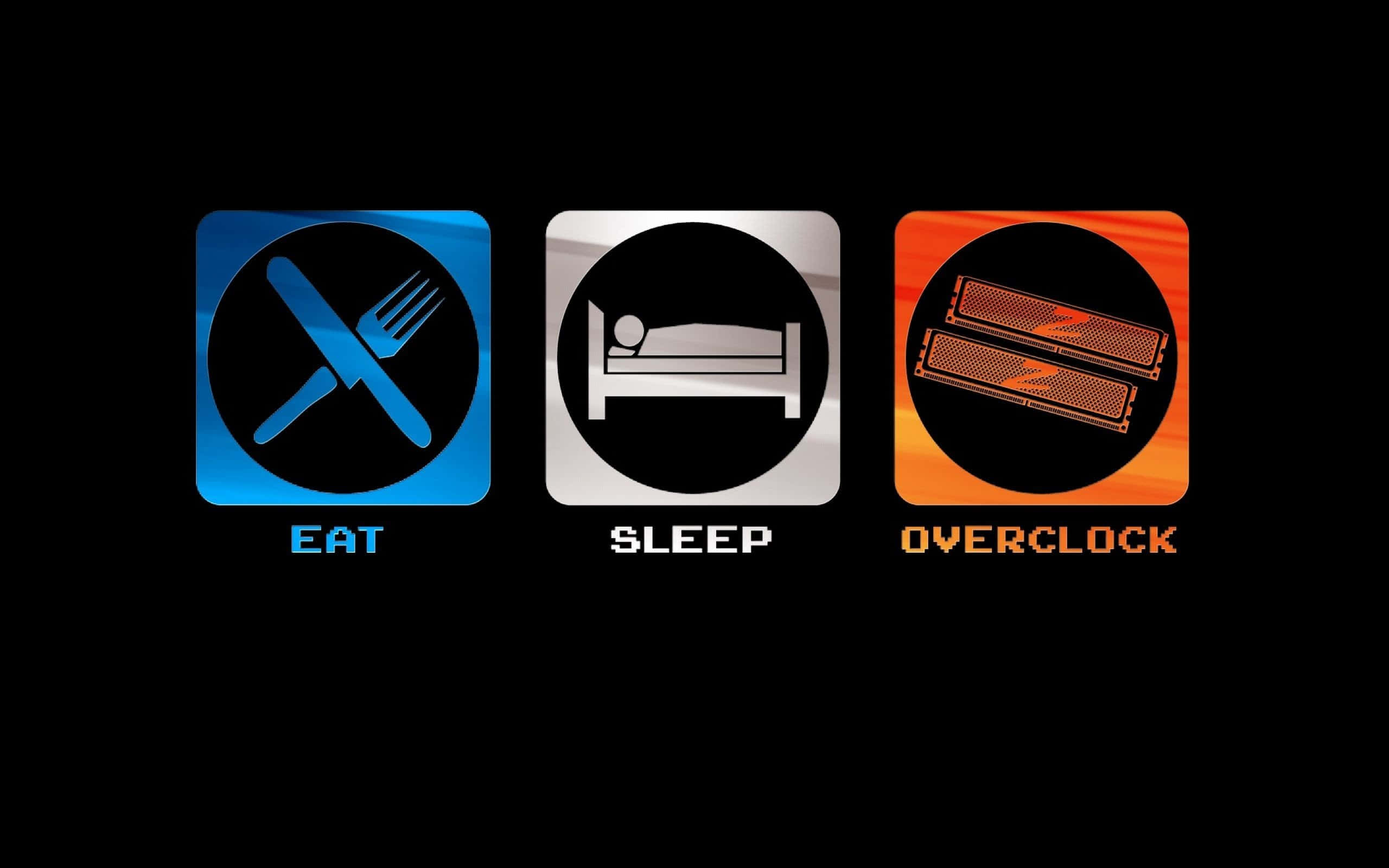 Minimalist Geek, eat sleep overclock, glowing icons, 2K Desktop Wallpaper