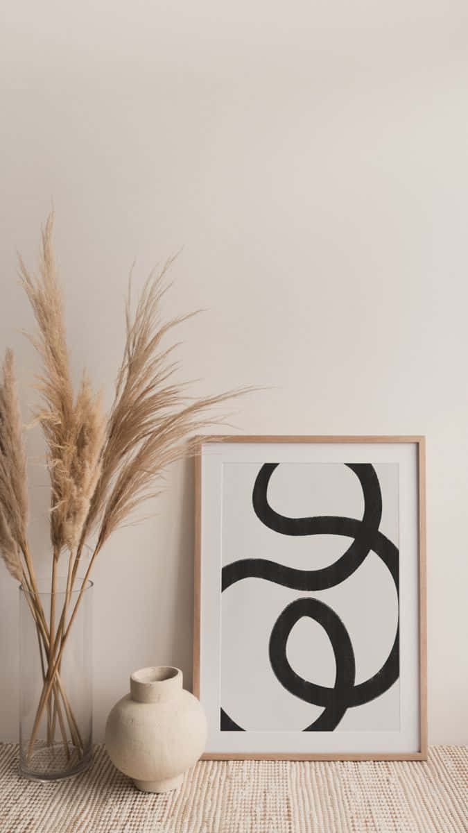 modern minimalist art, abstract black line art, dried pampas grass, SD Phone Wallpaper