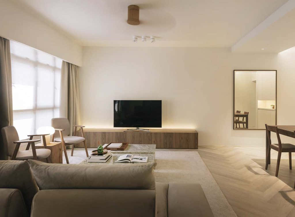 minimalist living room, beige furniture, wooden accents, SD Desktop Wallpaper