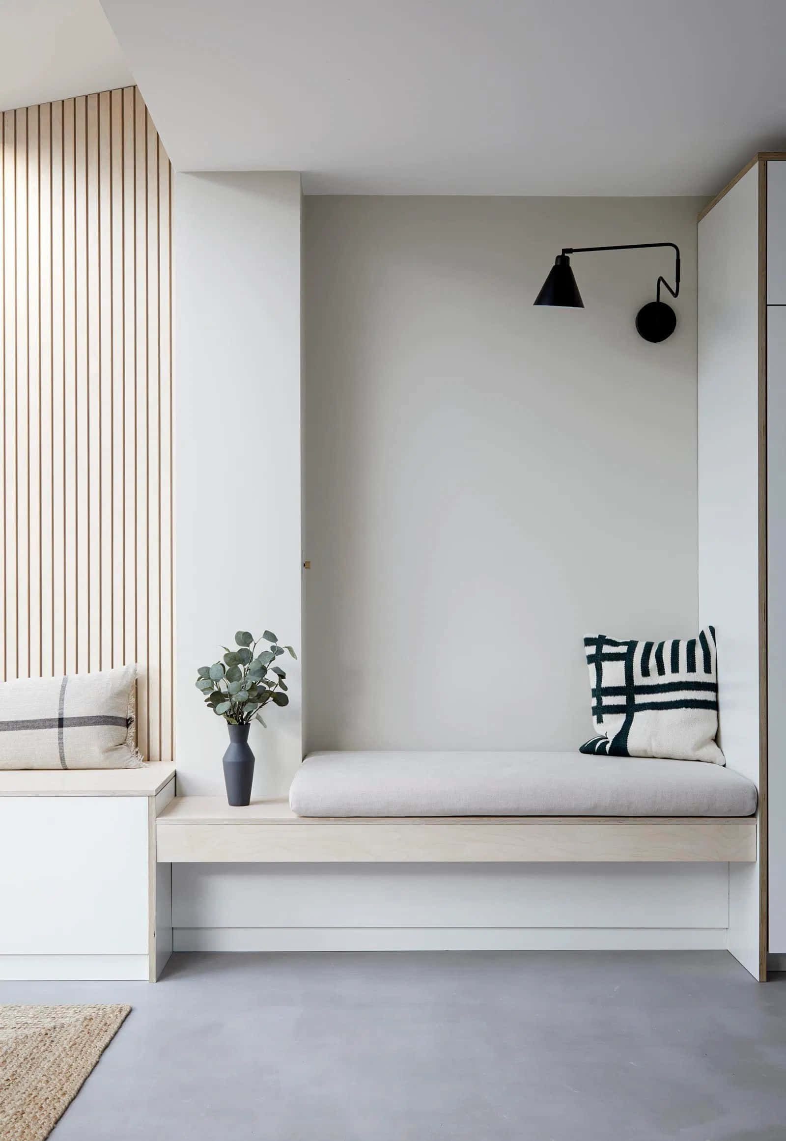 Minimalist Geometric Design, light wood bench, black wall lamp, Full HD Phone Wallpaper