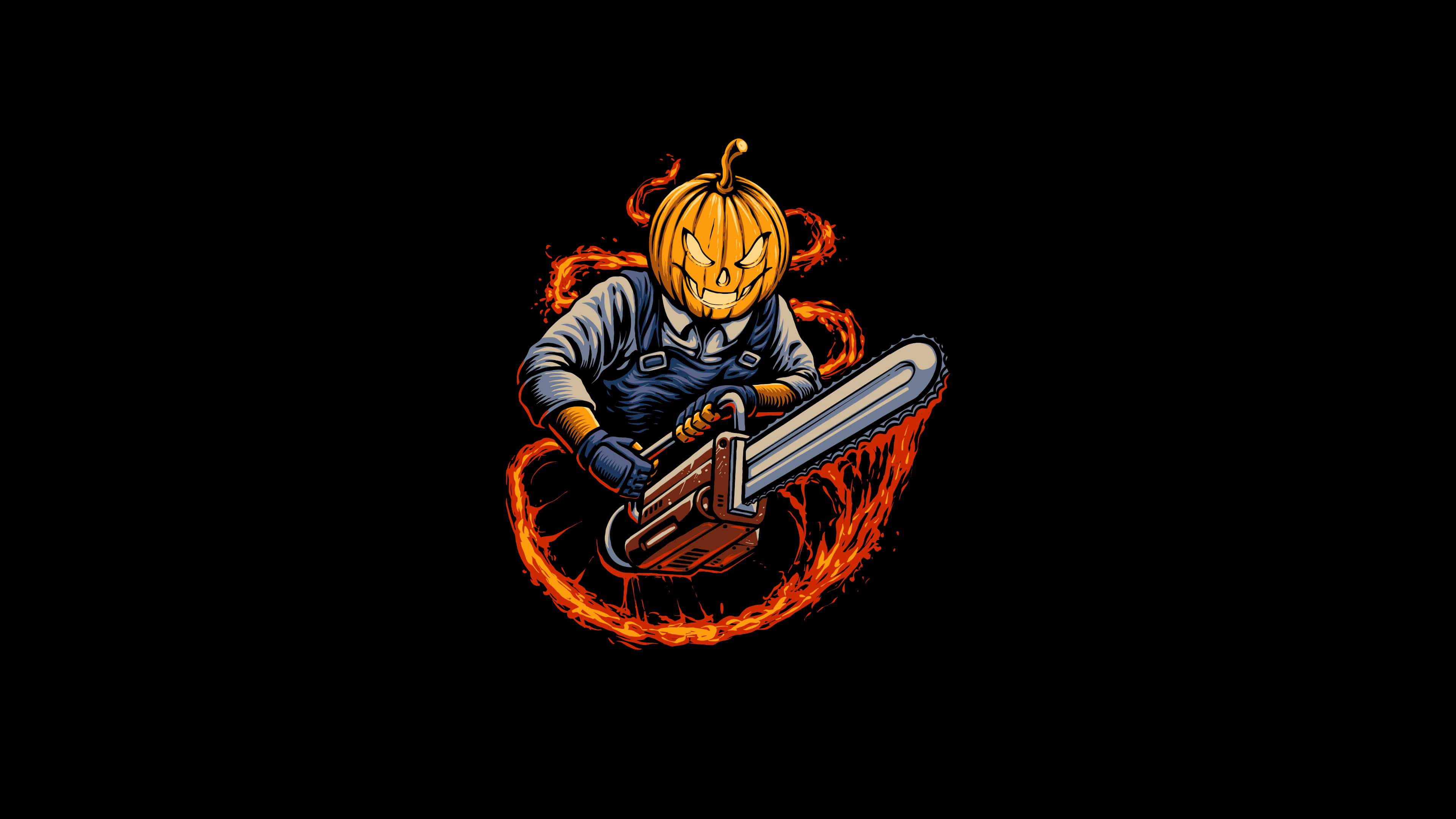 minimalist halloween, pumpkin-headed figure, overalls, 4K Desktop Wallpaper