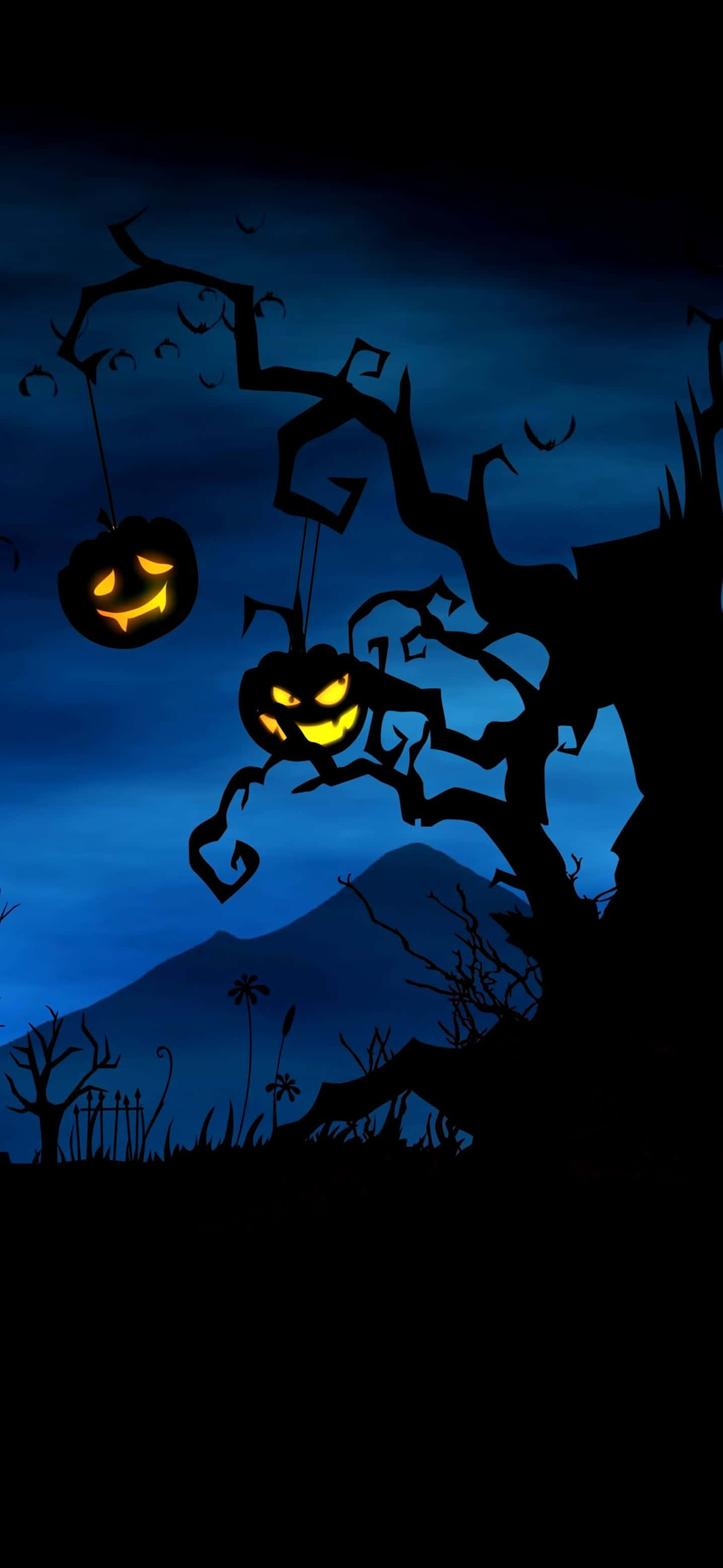 jack-o'-lanterns, twisted tree branches, deep blue night sky, 2K Phone Wallpaper
