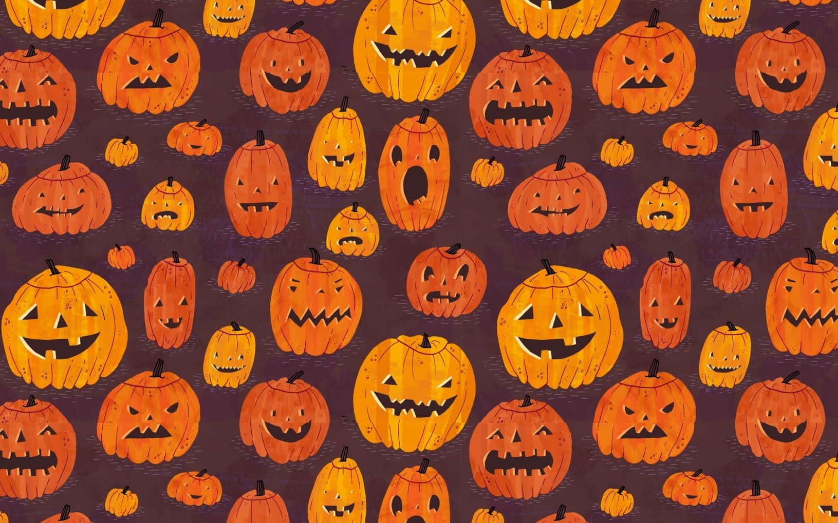 orange jack-o'-lanterns, spooky grins, deep purple background, HD Desktop Wallpaper
