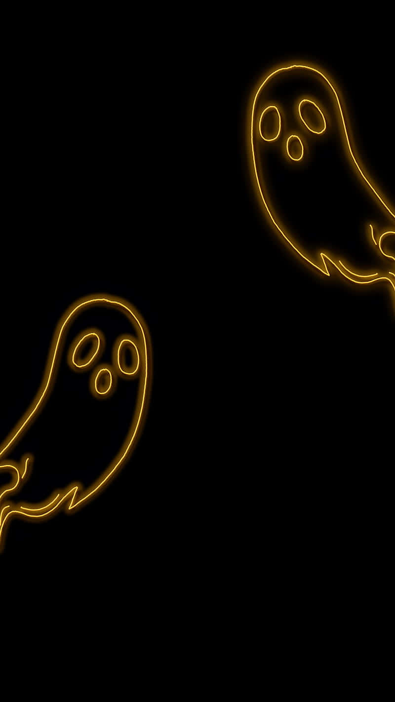 minimalist Halloween, glowing yellow neon ghosts, pitch black background, HD Phone Wallpaper