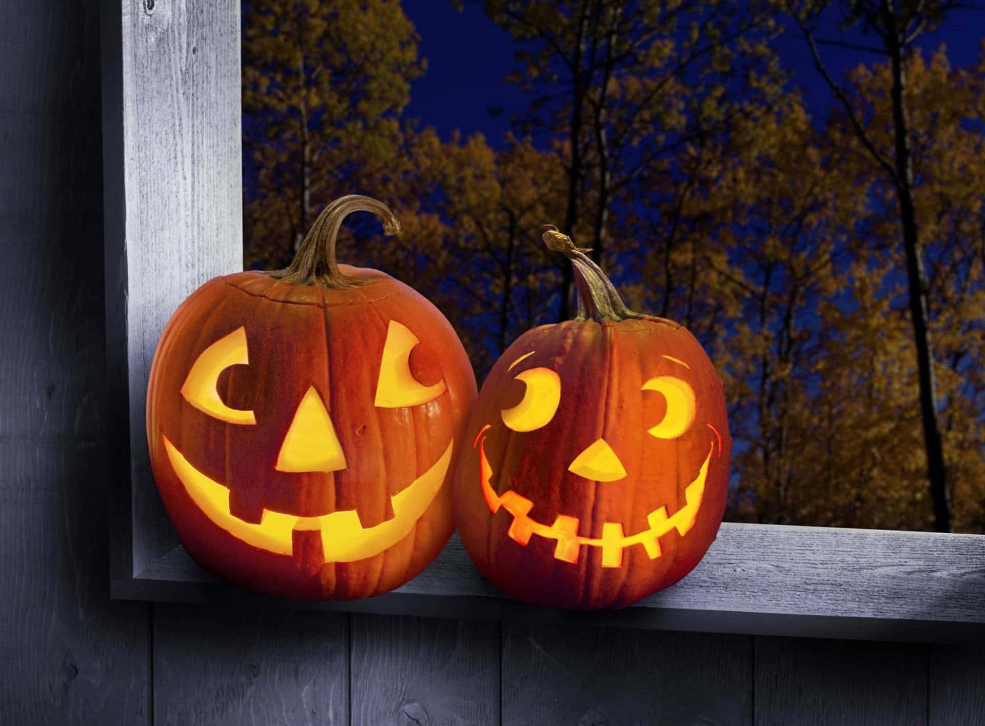 jack-o'-lanterns, carved faces, wooden windowsill, Full HD Desktop Wallpaper