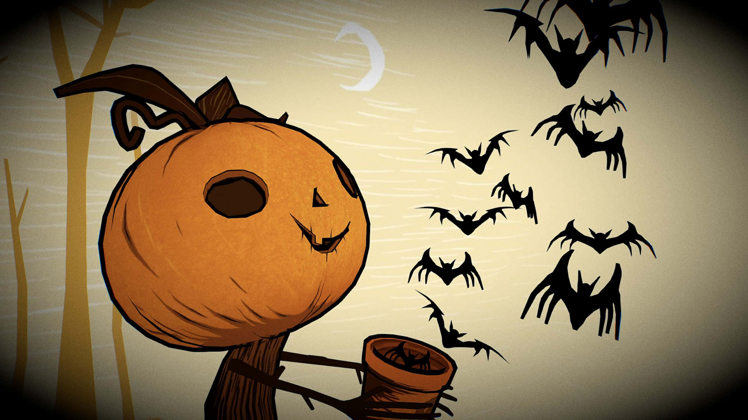 cartoon pumpkin-headed figure, jack-o-lantern face, bats, 2K Desktop Wallpaper