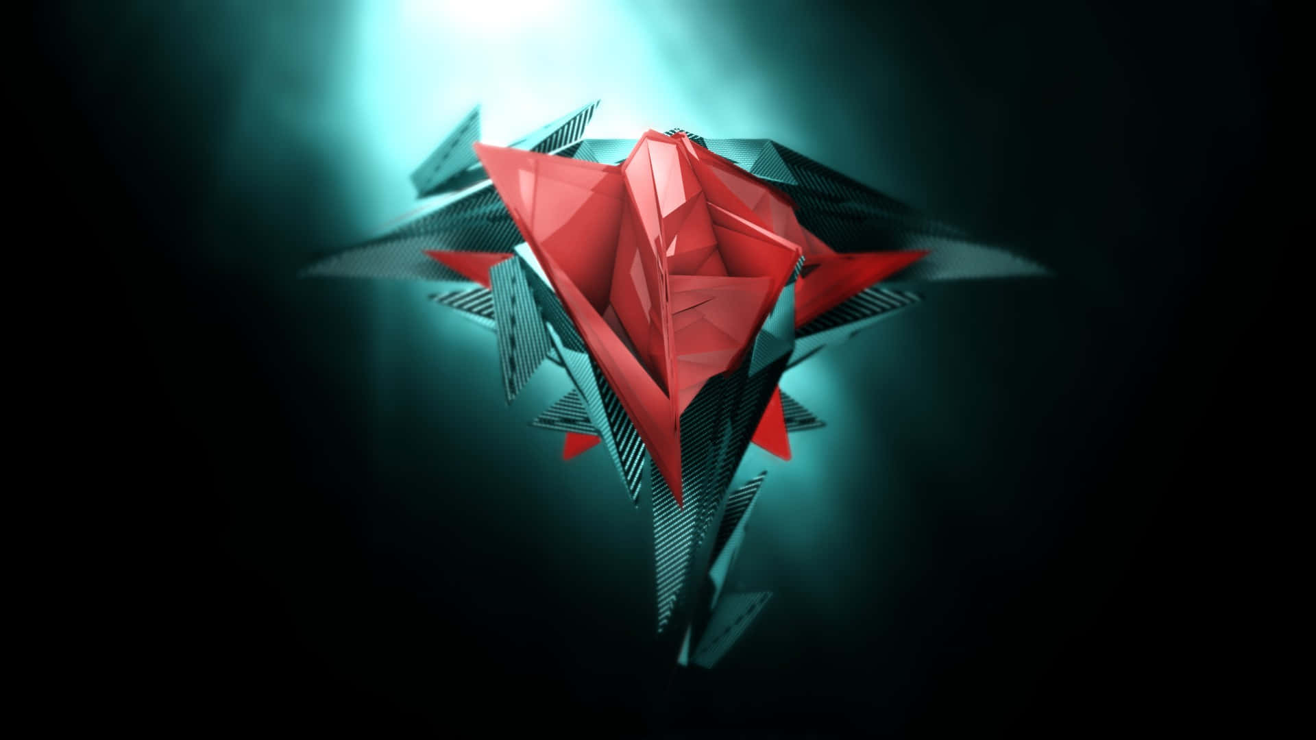 glowing red, geometric origami-like structure, dark teal background, Full HD Desktop Wallpaper