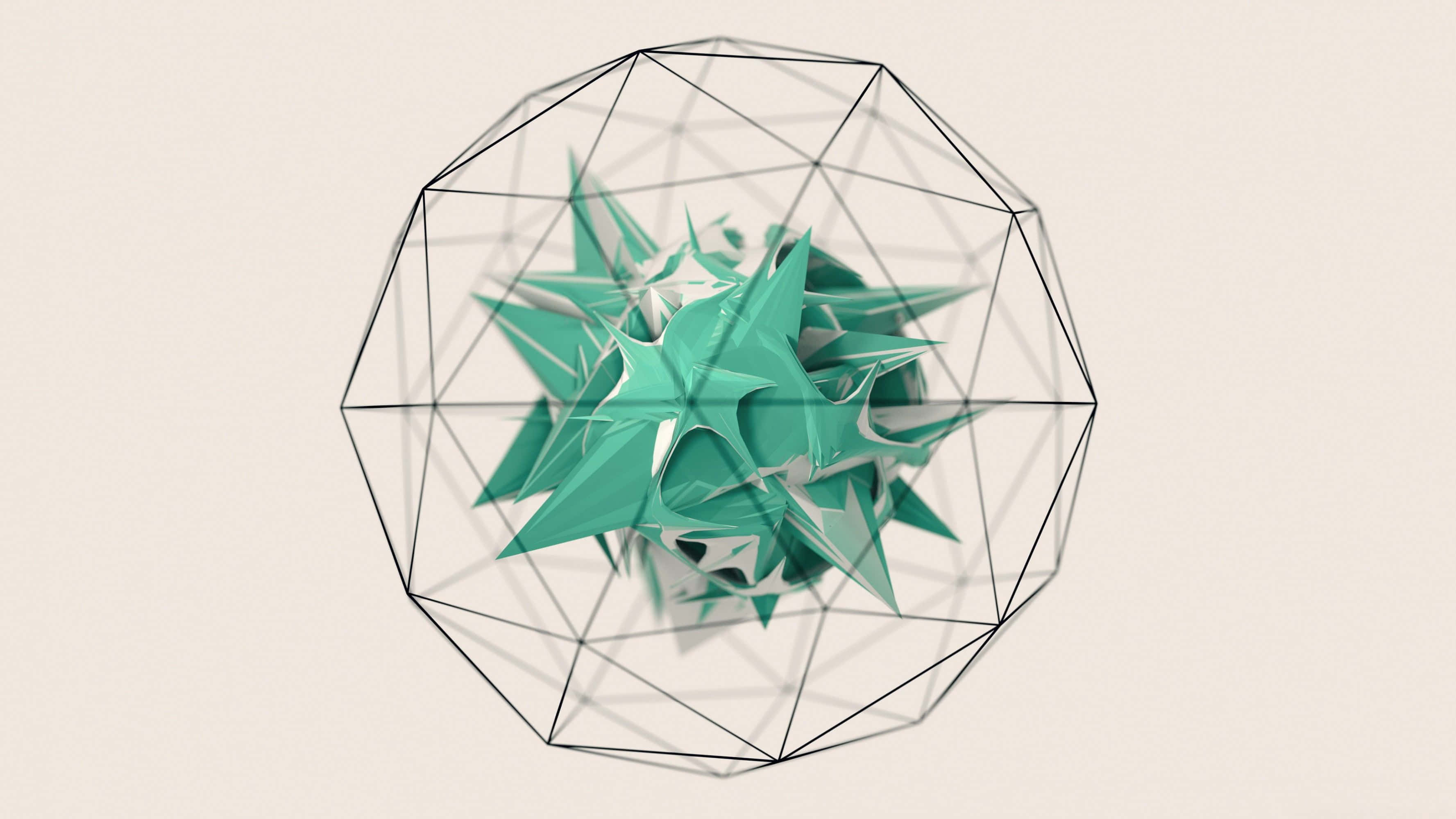 teal geometric starburst, transparent polyhedral wireframe, neutral beige background, 2K Desktop Wallpaper