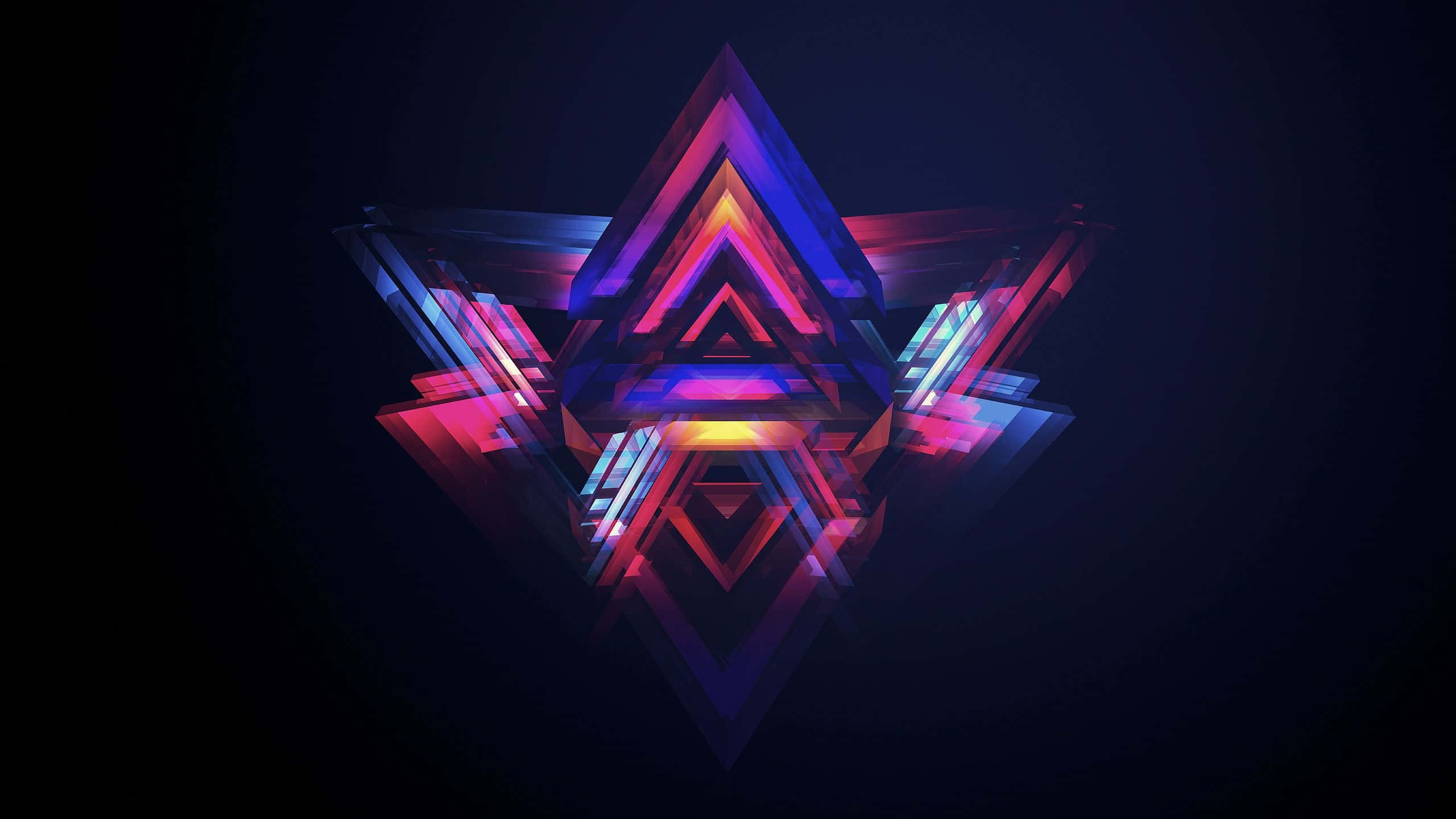 neon geometric starburst, layered triangles, vibrant pink blue and orange hues, 2K Desktop Wallpaper