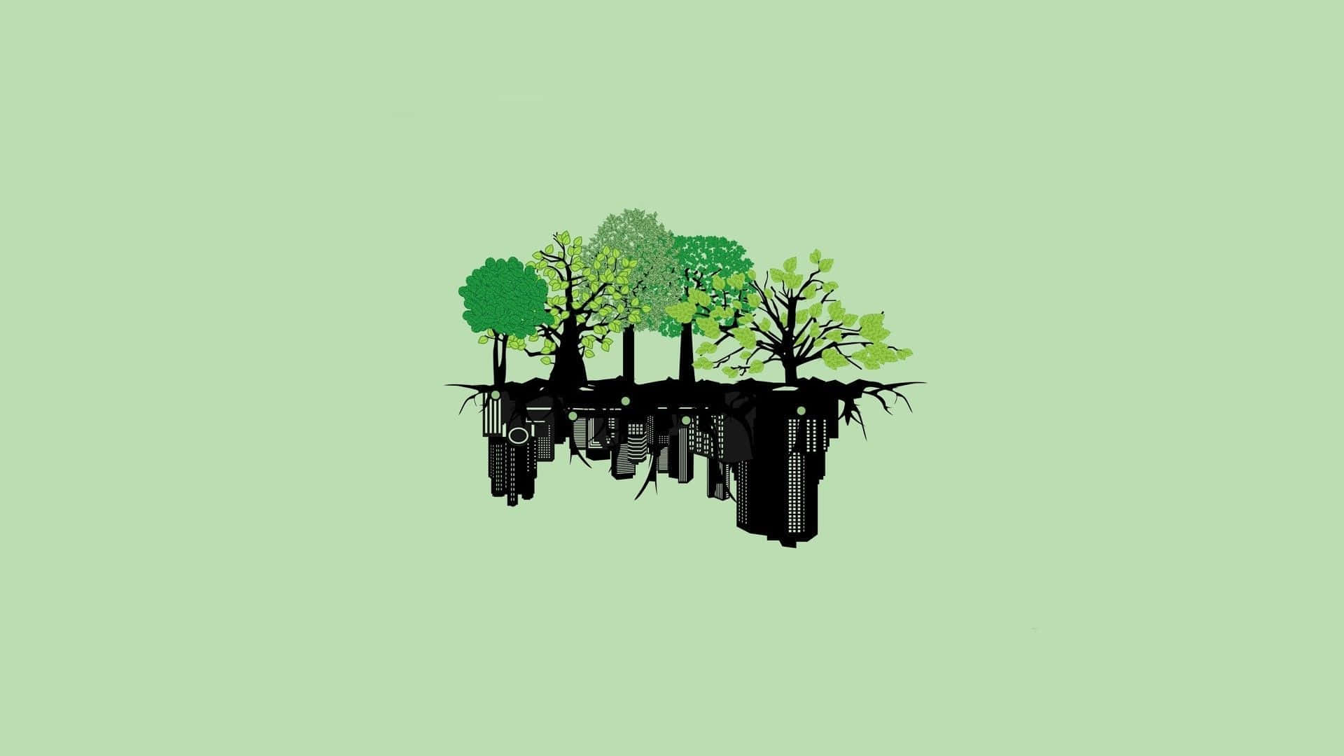 minimalist hd, silhouetted city skyline, vibrant green trees, Full HD Desktop Wallpaper