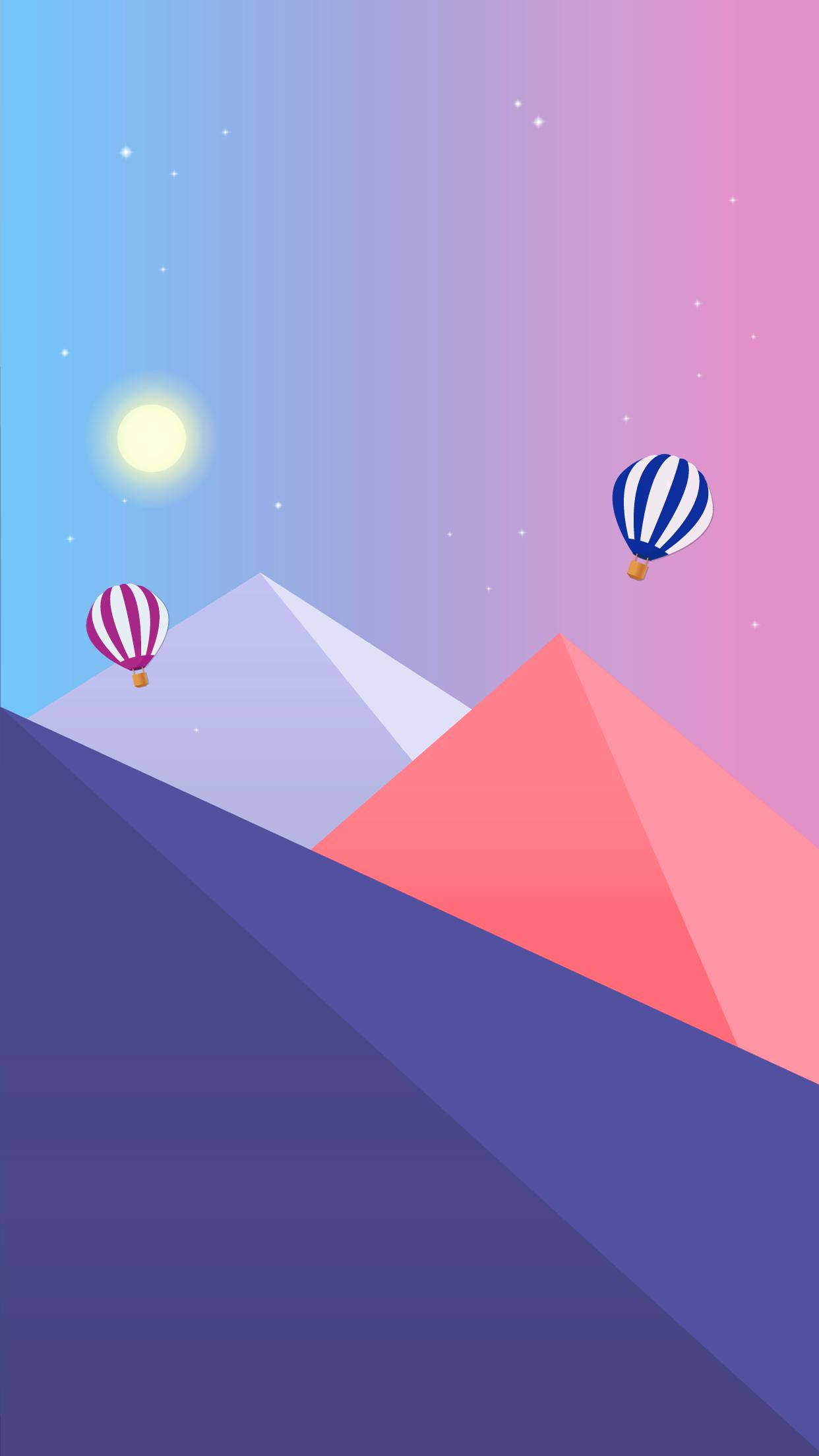 mountains, hot air balloons, stylized geometric mountains, Full HD Phone Wallpaper