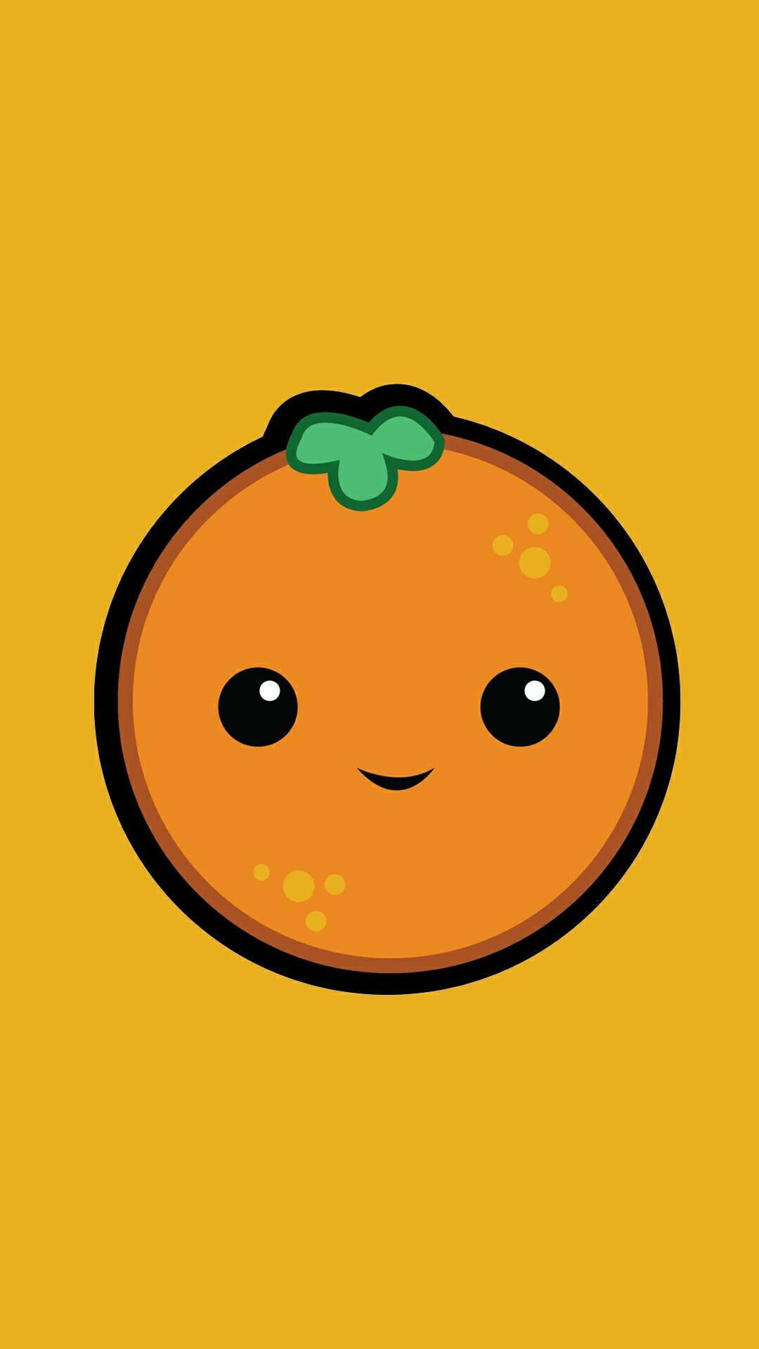 smiling orange, green stem, solid yellow background, Full HD Phone Wallpaper