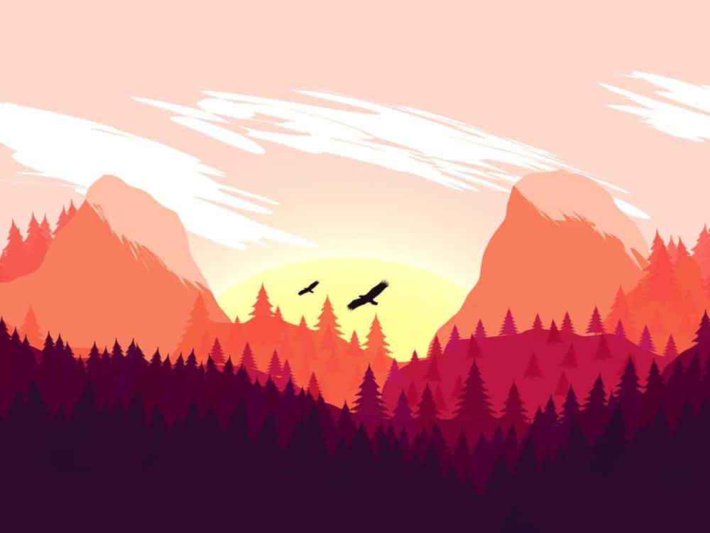 silhouetted mountains, pine trees, warm sunset sky, SD Desktop Wallpaper